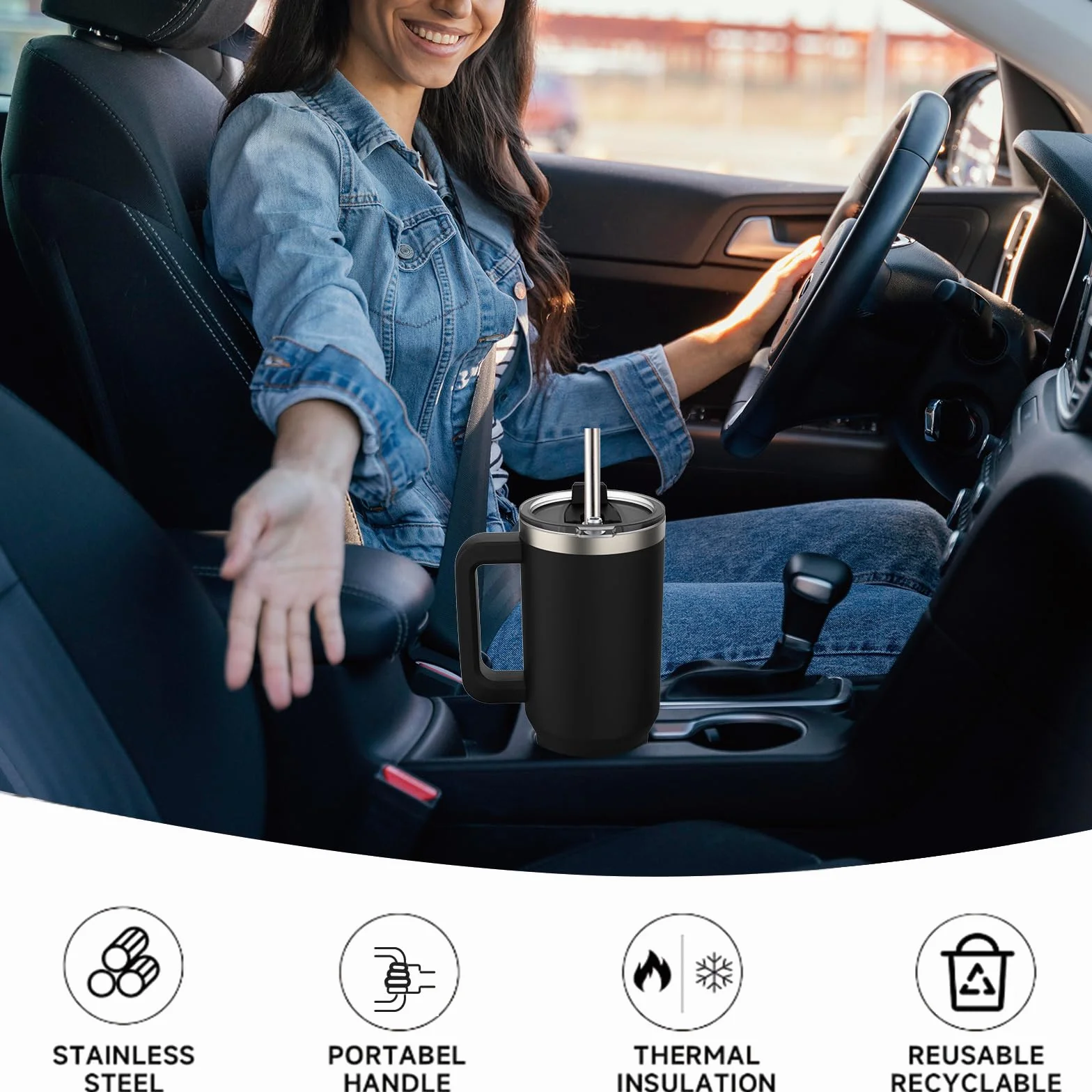 WATERSY Kubek podróżny, kubek do kawy, 1,134 ml, pokrywka ze słomką i uchwyt, stal nierdzewna, podwójna ścianka, izolowana próżniowo, butelka na wodę do zimnej gorącej kawy, 1182 ml, czarny