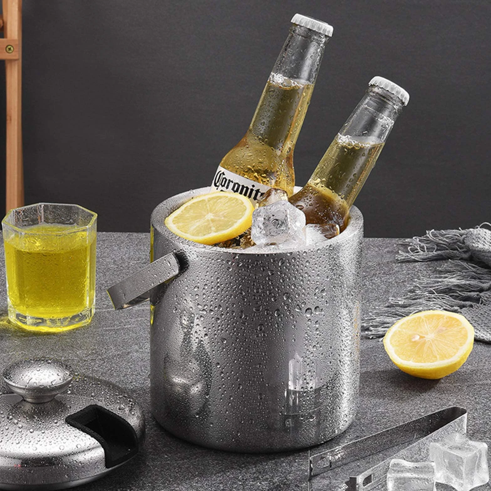 Wiadro na lód z pokrywką, szczypce i sitko, 3 l, pojemnik na lód, pojemnik na lód, pojemnik na lód, pojemnik na lód, pojemnik na lód, pojemnik na kostki lodu, na imprezę, do restauracji,