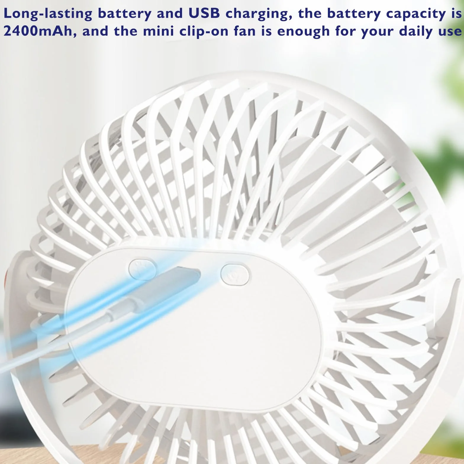 Mini wentylator z klipsem, akumulator 2400 mAh, wentylator zaciskowy z oświetleniem LED, wentylator USB, 5 prędkości i obrót o 720°, cichy, do domu, biura, salonu, niebieski, 15,5 cm