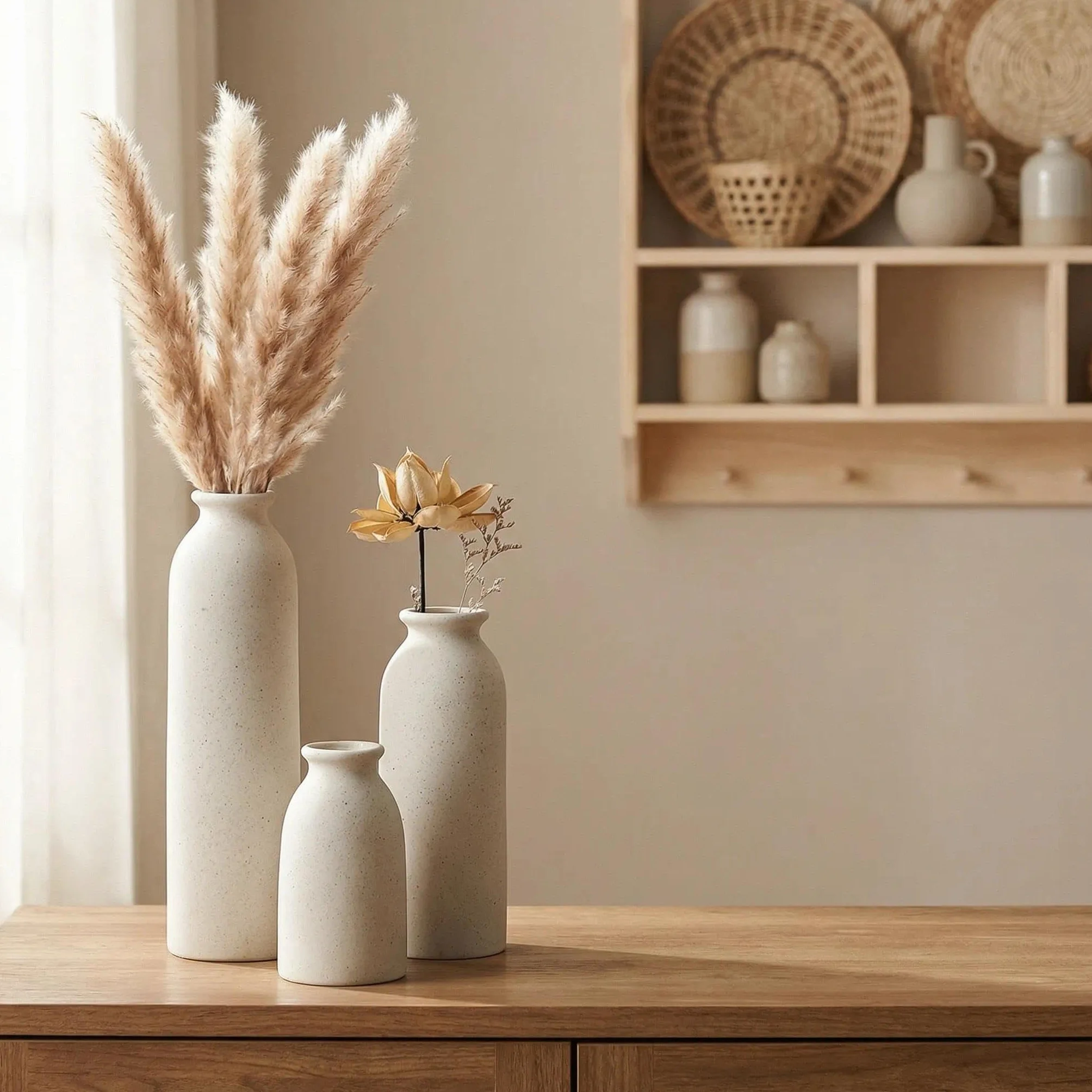 Nowoczesny zestaw wazonów ceramicznych, 3-częściowy, dekoracyjne wazony na kwiaty w różnych rozmiarach (beżowe)