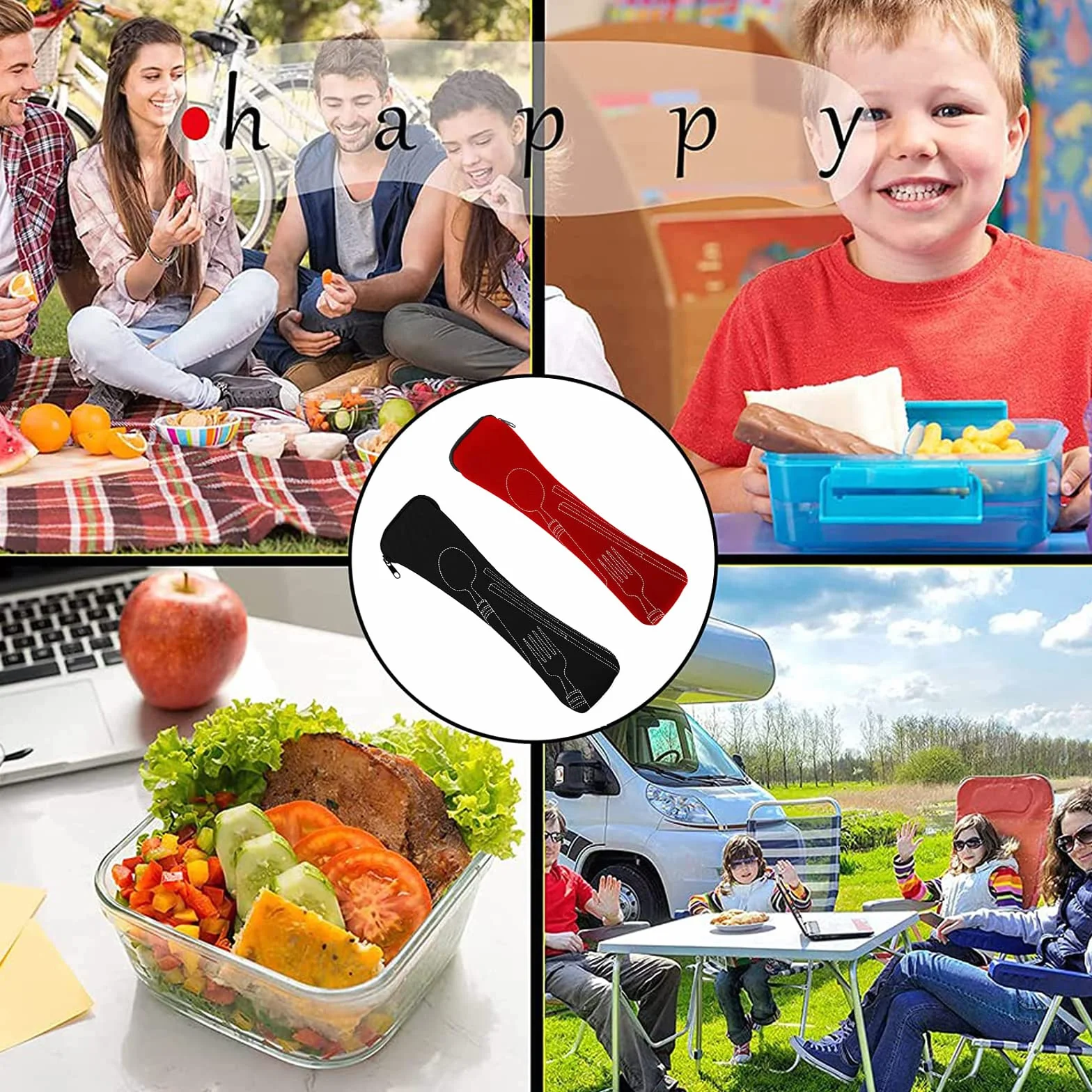 Pokrowce na Sztućce na Wynos 2 szt – Przenośne Neoprenowe Torby na Sztućce z Zamkiem Błyskawicznym Idealne do Campingu, Szkoły, Pikników lub Codziennego Użytku,Czarny czerwony