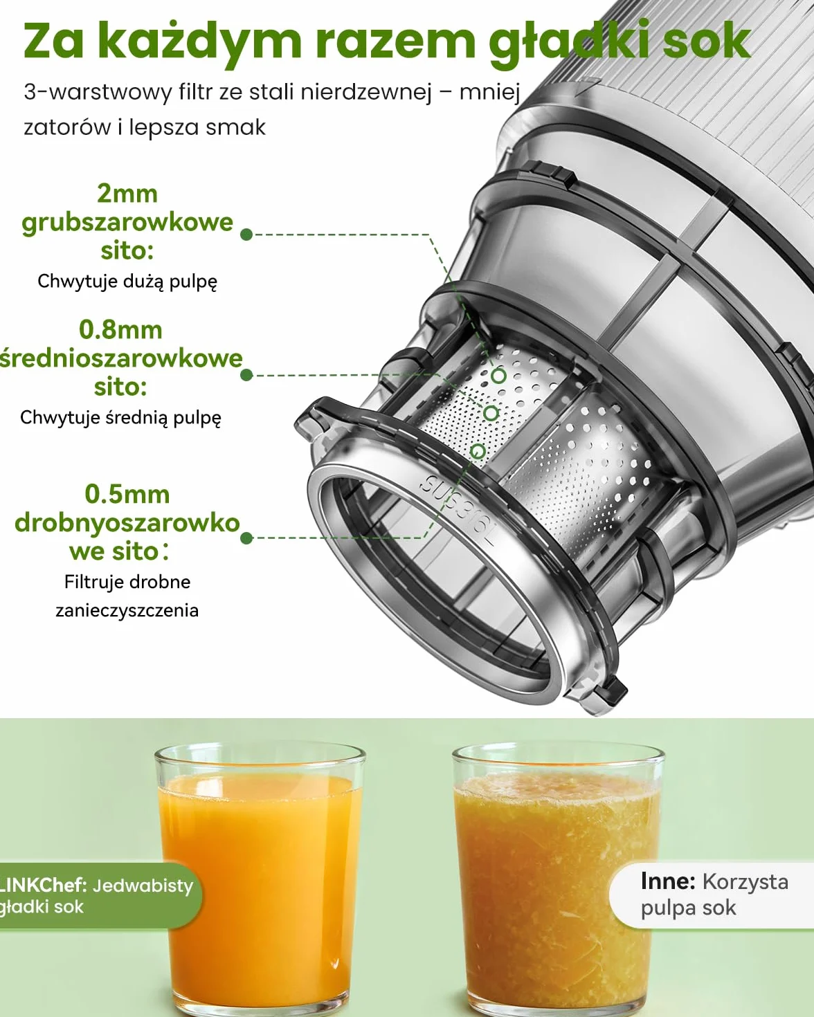 LINKChef Wyciskarka do soków na zimno, średnica 135 mm i pojemność 1,8 l, sokowirówka, całe owoce i warzywa, sokowirówka 250 W, powolna sokowirówka z automatycznym cięciem i tritanu bez BPA
