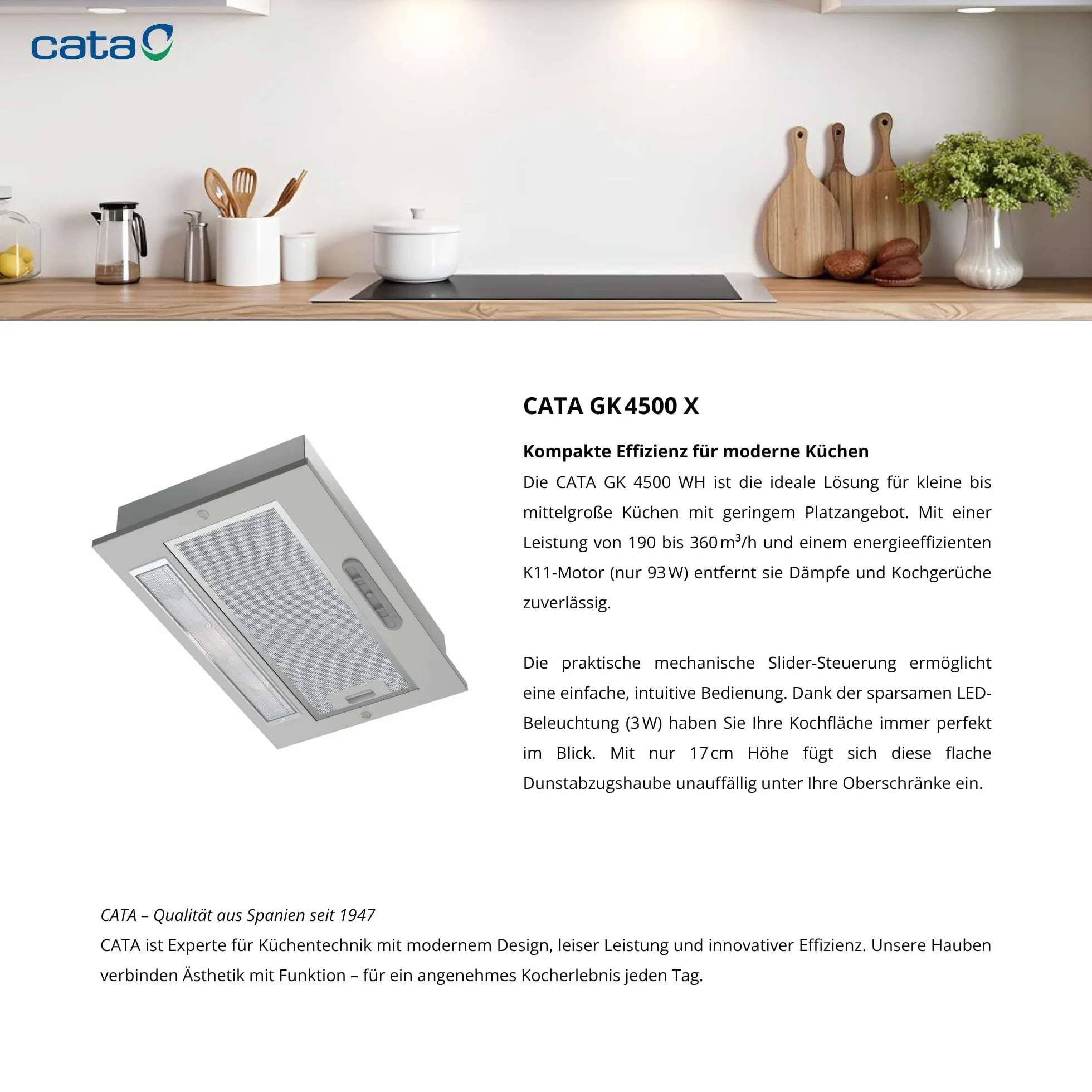 CATA GK 4500 okap kuchenny ze stali nierdzewnej grupa filtrująca maksymalne zużycie energii 90 W system łatwa instalacja filtry zmywalne zmywarka klasa efektywności energetycznej B