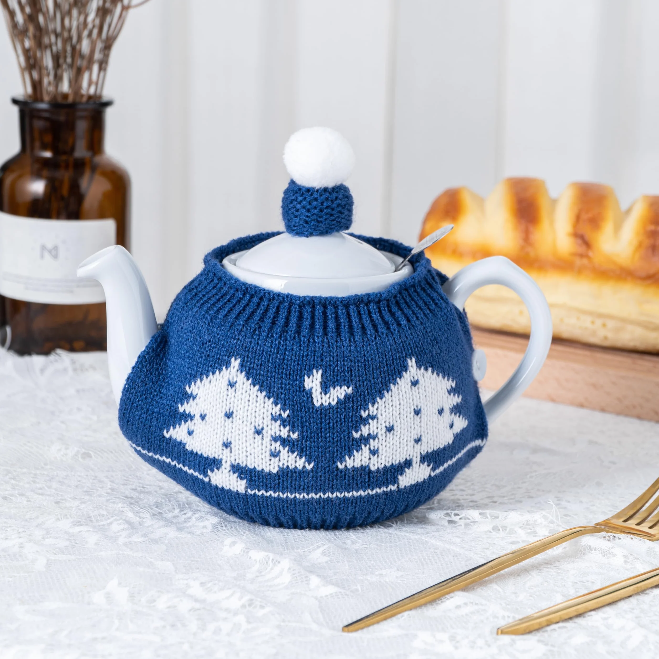 Przytulna herbata nadaje się do dzbanka do herbaty 600 ml, podgrzewacz do czajniczek -100% wypełnienie z włókien akrylowych, dwuczęściowy (niebieskie drzewo)