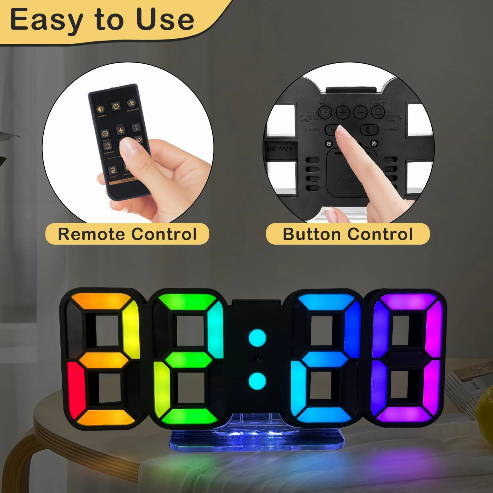 Seutgjie Cyfrowy budzik 3D LED, zegar stołowy/zegar ścienny, zegar cyfrowy, 14 kolorów RGB, 12/24 godziny, 3 ustawienia jasności, tryb nocny, tryb drzemki z pilotem zdalnego sterowania, czarny