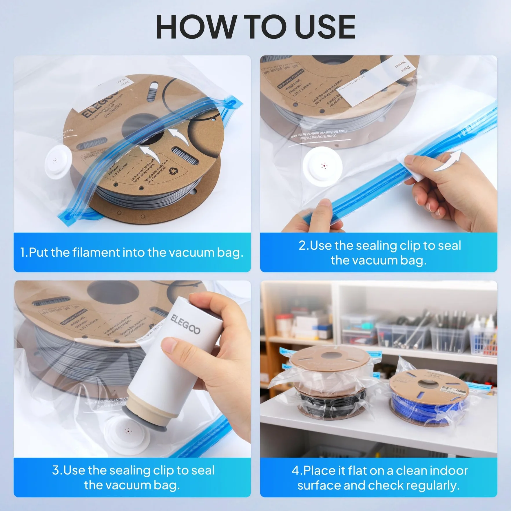 ELEGOO woreczki próżniowe na filament 3D z automatyczną pompą, 20 woreczków na filament 35x32 cm, szczelne i odporne na wilgoć