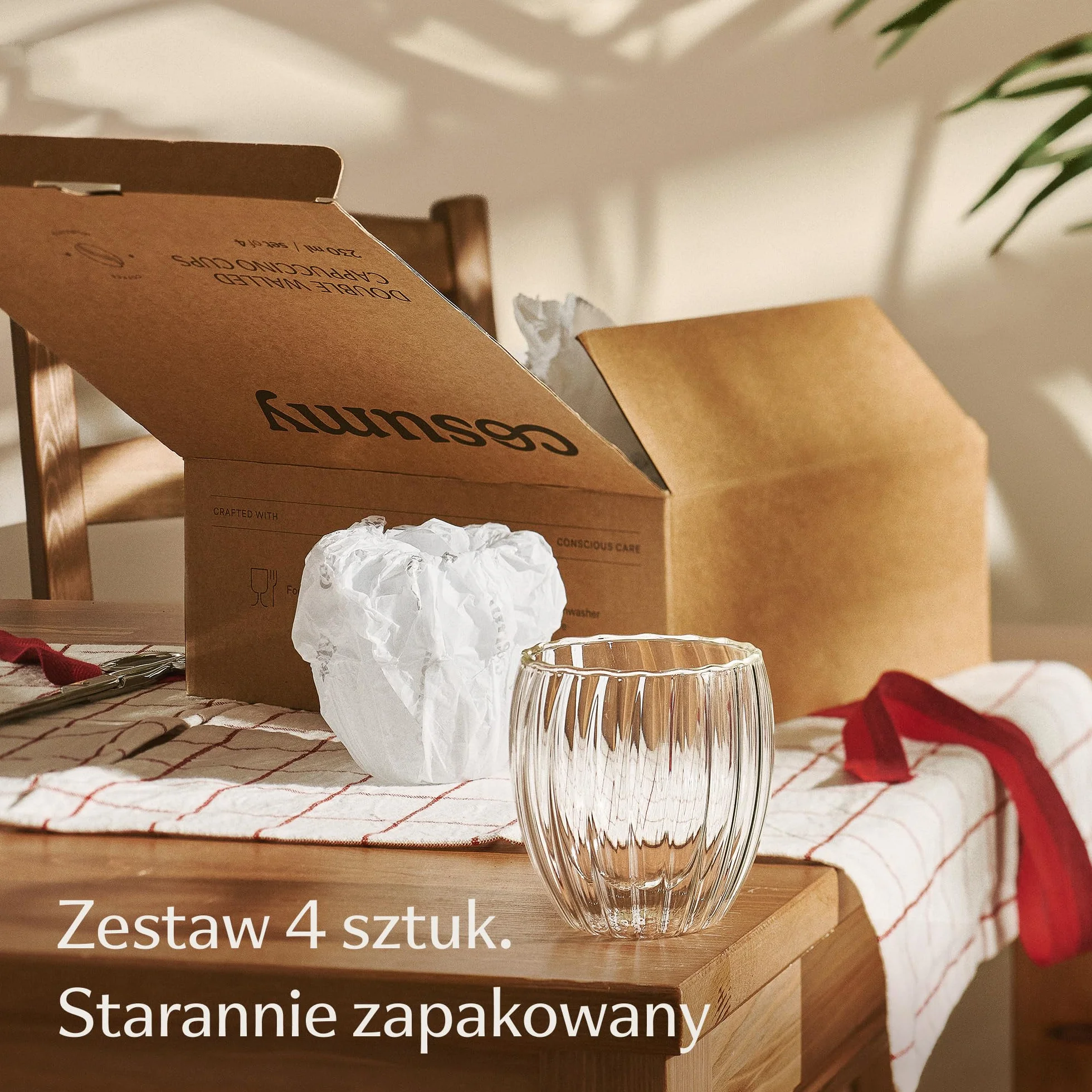 Cosumy Filiżanki do Cappuccino Szklane Dwuścienne 230ml - 4szt - Efekt pływający izolujący ciepło - Żłobkowana konstrukcja - Odporne na ciepło - Można myć w zmywarce (Cappuccino)