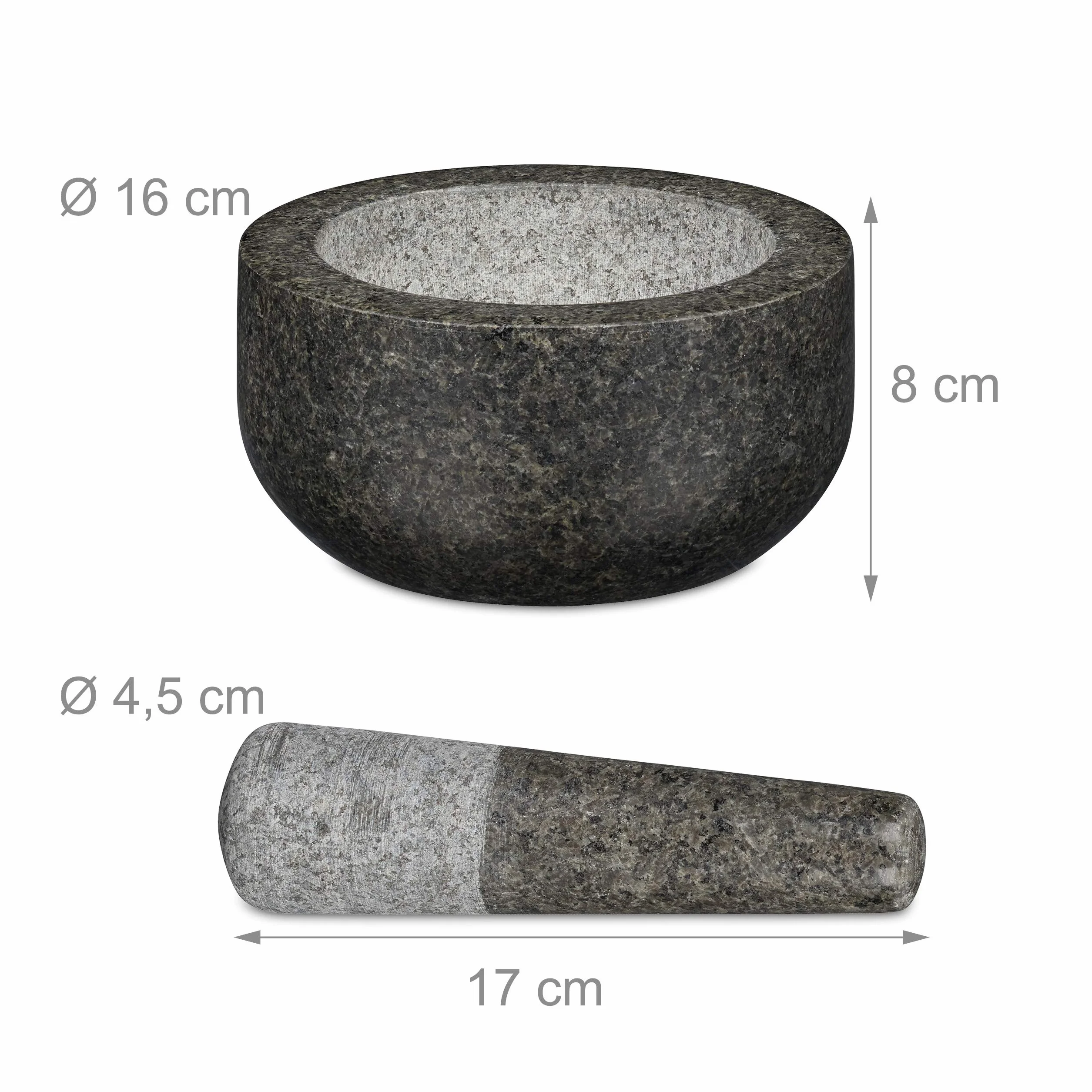 relaxdays Moździerz granitowy z tłuczkiem, wytrzymały i trwały, przyprawy, zioła, polerowana moździerz kamienny, Ø 16 cm, 400 ml, szary, 8 x 16 x 16 cm