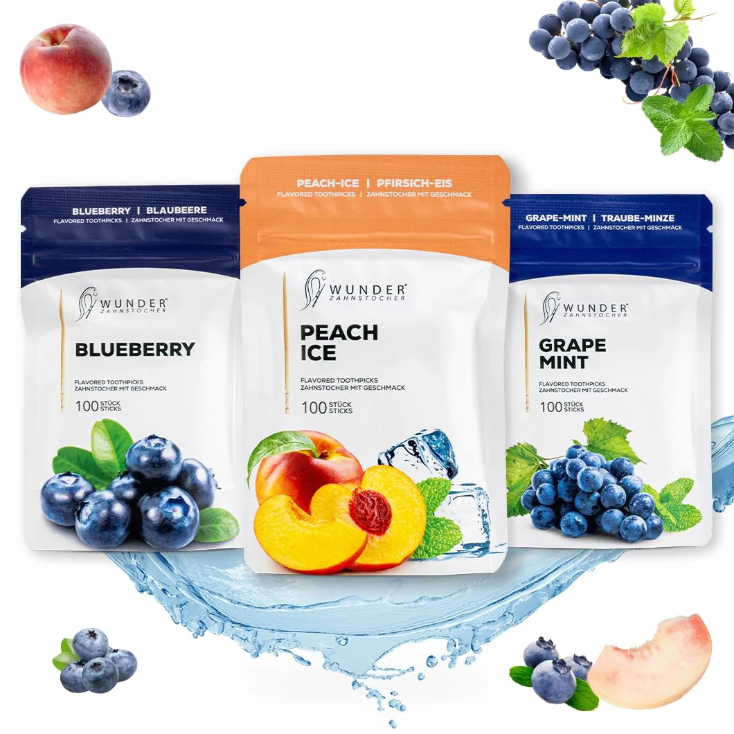 Wunder wykałaczki - w 3 orzeźwiających odmianach FRUIT CRUSH PACK - Wykałaczki smakowe - Zamiennik gumy - Świeży oddech z aromatyzowanymi wykałaczkami