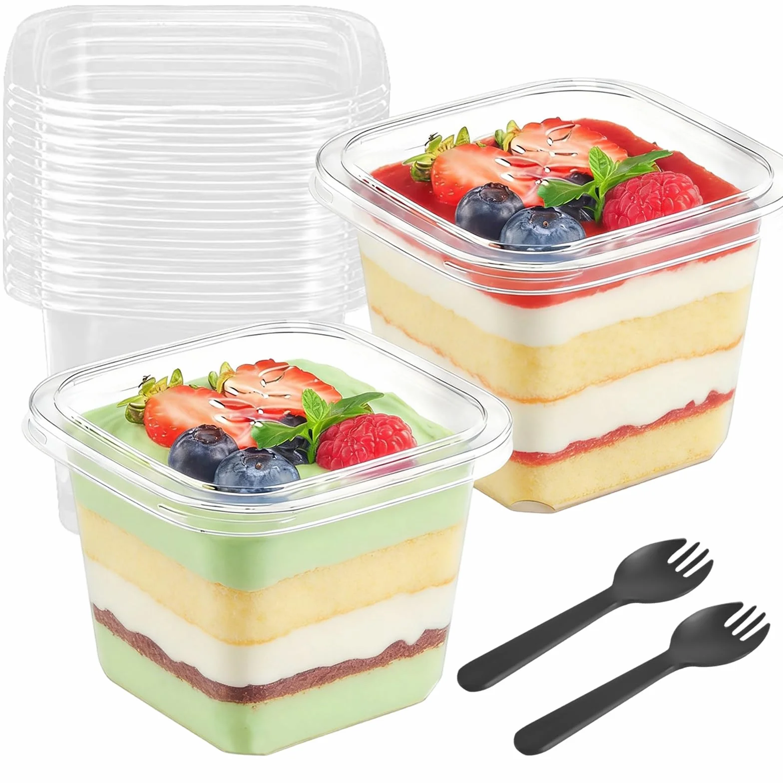 50 sztuk plastikowych kubków deserowych z pokrywką, 360 ml, prostokątne, plastikowe, z łyżeczkami, miseczki deserowe, wielokrotnego użytku, do deserów, puddingu, musu