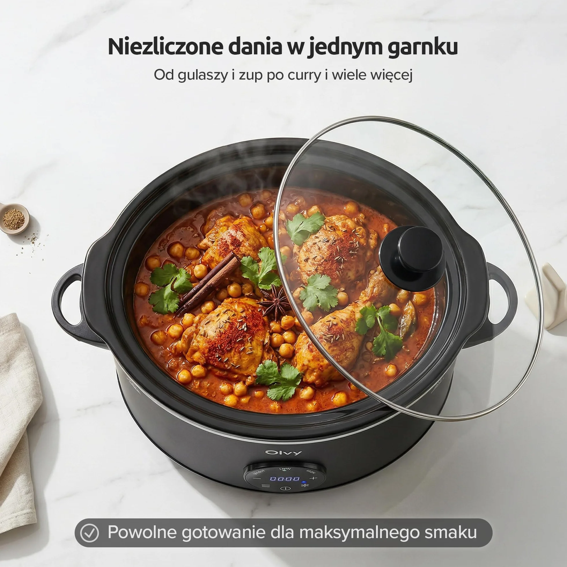 Olvy Slow Cooker 6 l Pro cyfrowy wolnowar z timerem, ekranem dotykowym, funkcja rozmrażania, 24 h, timer, 3 stopnie