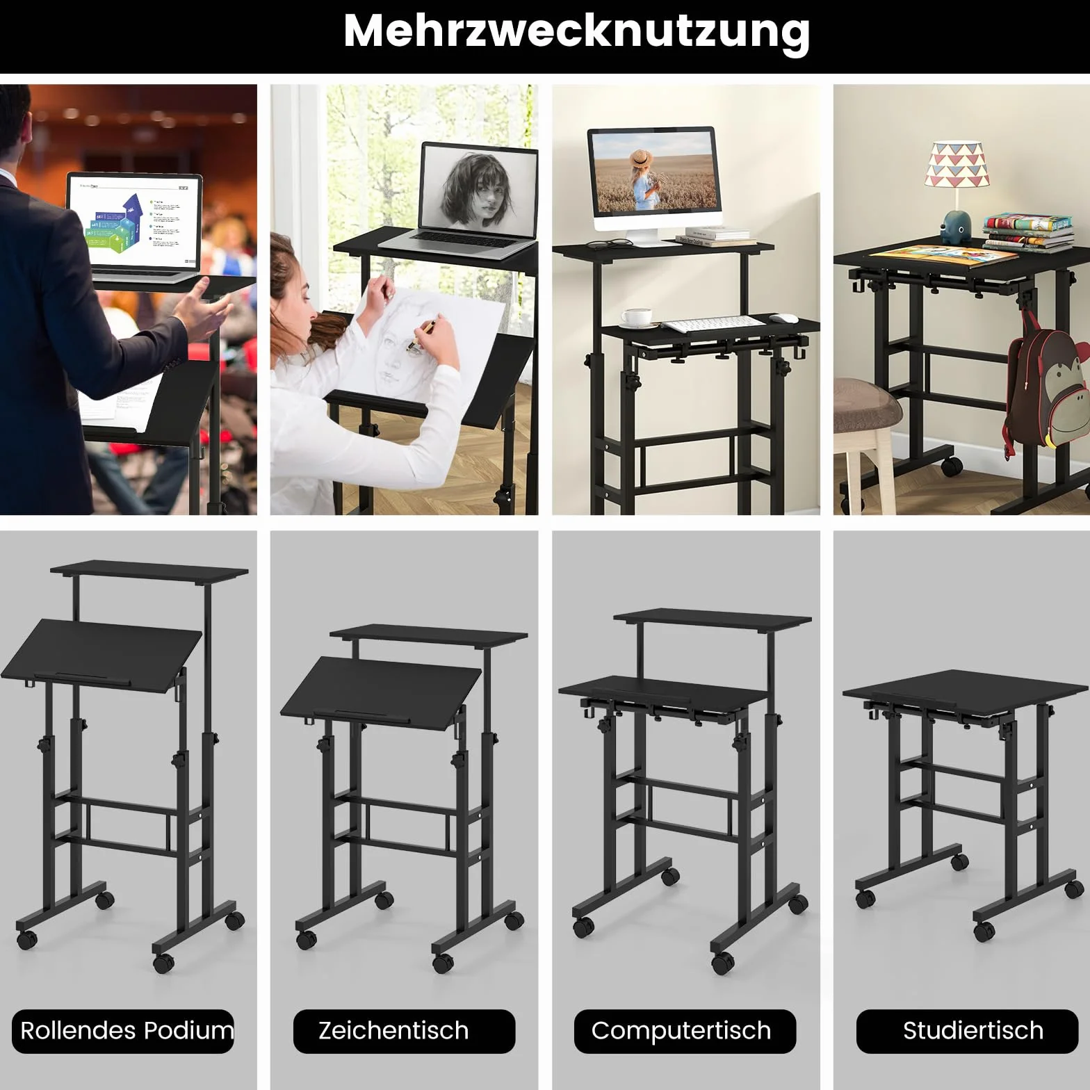 COSTWAY Pulpit stojący z regulacją wysokości, mobilny stolik komputerowy na kółkach, z regulowanym nachyleniem blatu i 2 haczykami, biurko, stolik do pracy na stojąco i siedząco, stolik na laptopa do
