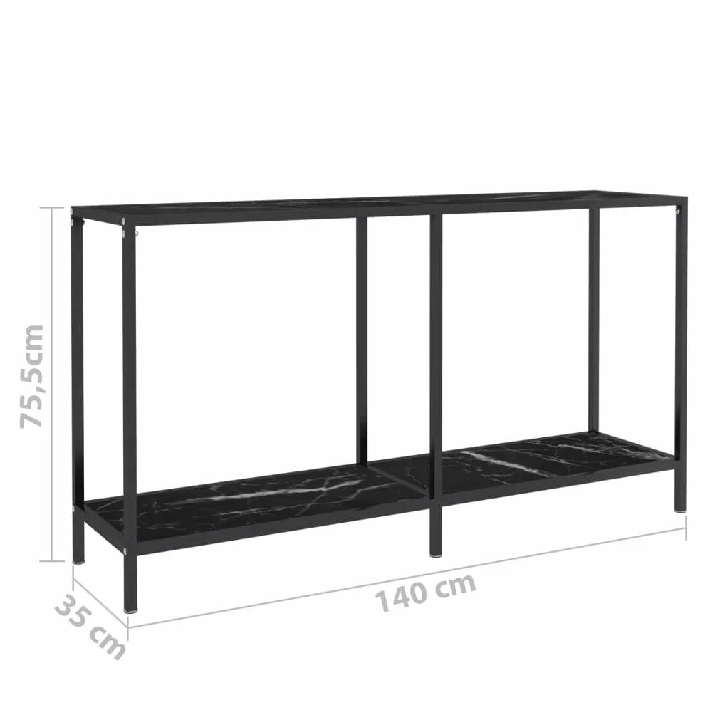 Stolik konsolowy, czarny, 140 x 35 x 75,5 cm, szkło hartowane, stal malowana proszkowo, stół do przedpokoju z półką, nowoczesne wzornictwo do salonu, wytrzymała konstrukcja