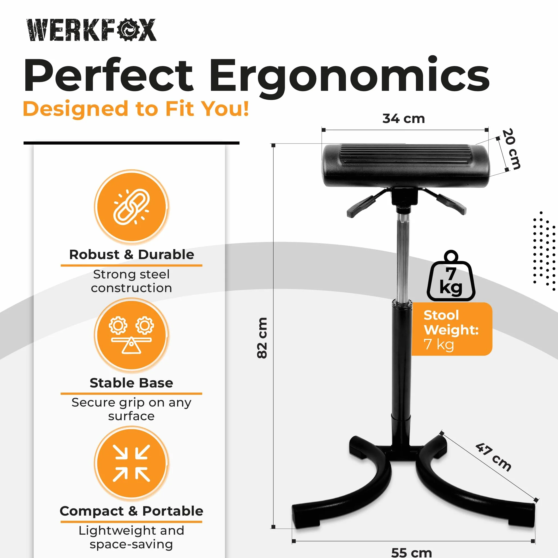 Stołek stojący Werkfox® Ergonomiczny stołek z regulacją wysokości; Stojący stołek warsztatowy; Stojące krzesło do biurka, biura, przemysłu.