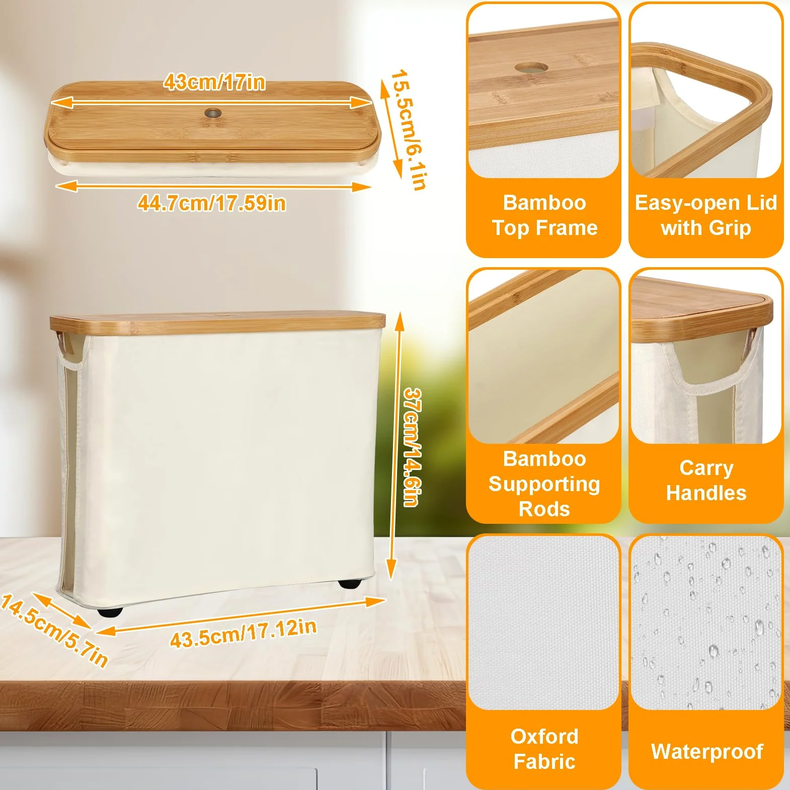 Pojemnik na papier toaletowy 22 l, pojemnik do przechowywania papieru toaletowego z pokrywką, stojak na papier toaletowy, do łazienki, 43,5 x 14,5 x 37 cm (beżowy)