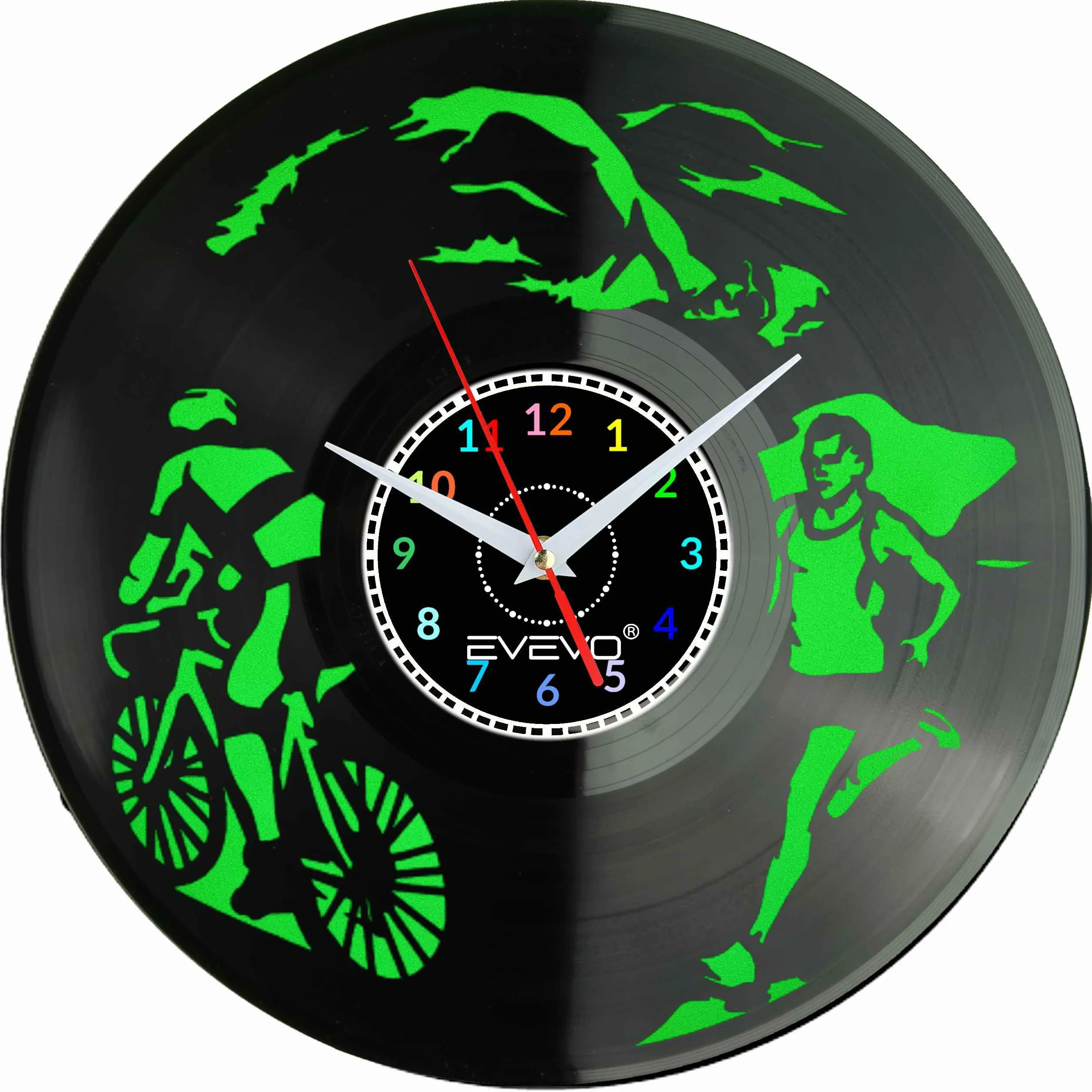 ZEGAR ŚCIENNY IRONMAN TRIATHLON FLUORESCENCYJNE TŁO PŁYTA WINYLOWA PREZENT UPOMINEK URODZINY DLA NIEJ DLA NIEGO EVEVO F0010