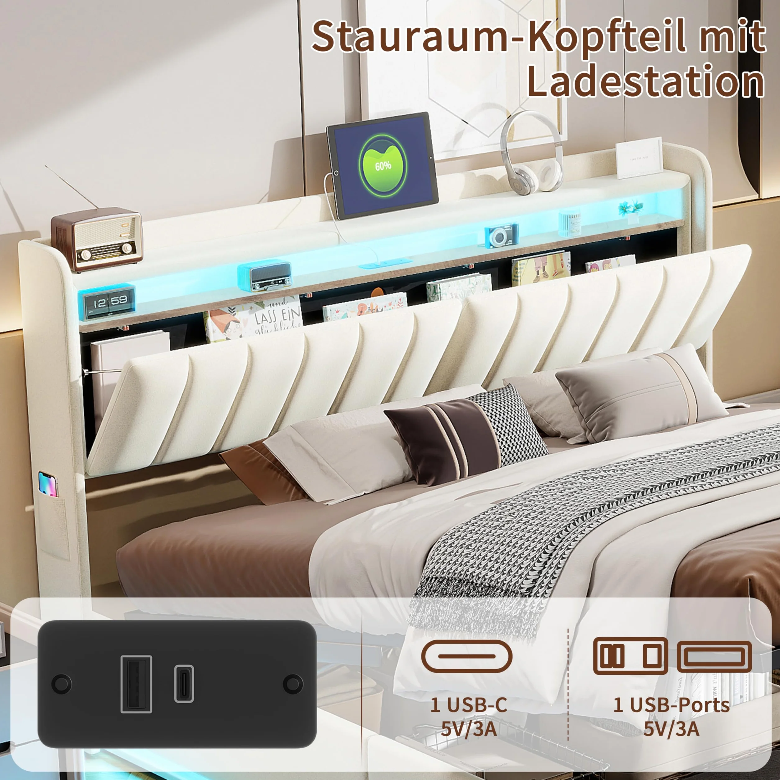 Łóżko tapicerowane z miejscem do przechowywania, 140 x 200 cm, podwójne łóżko z oświetleniem USB i LED, hydrauliczne łóżko do przechowywania, rama łóżka ze stelażem i skrzynią na pościel
