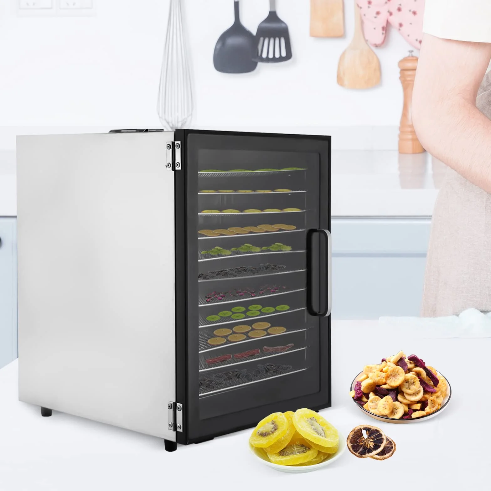 Suszarka ze stali nierdzewnej 10/12 tac do żywności i ziół, warzyw, owoców, 800 W, elektryczna suszarka do żywności z cyfrową temperaturą i timerem (12 przegródek)