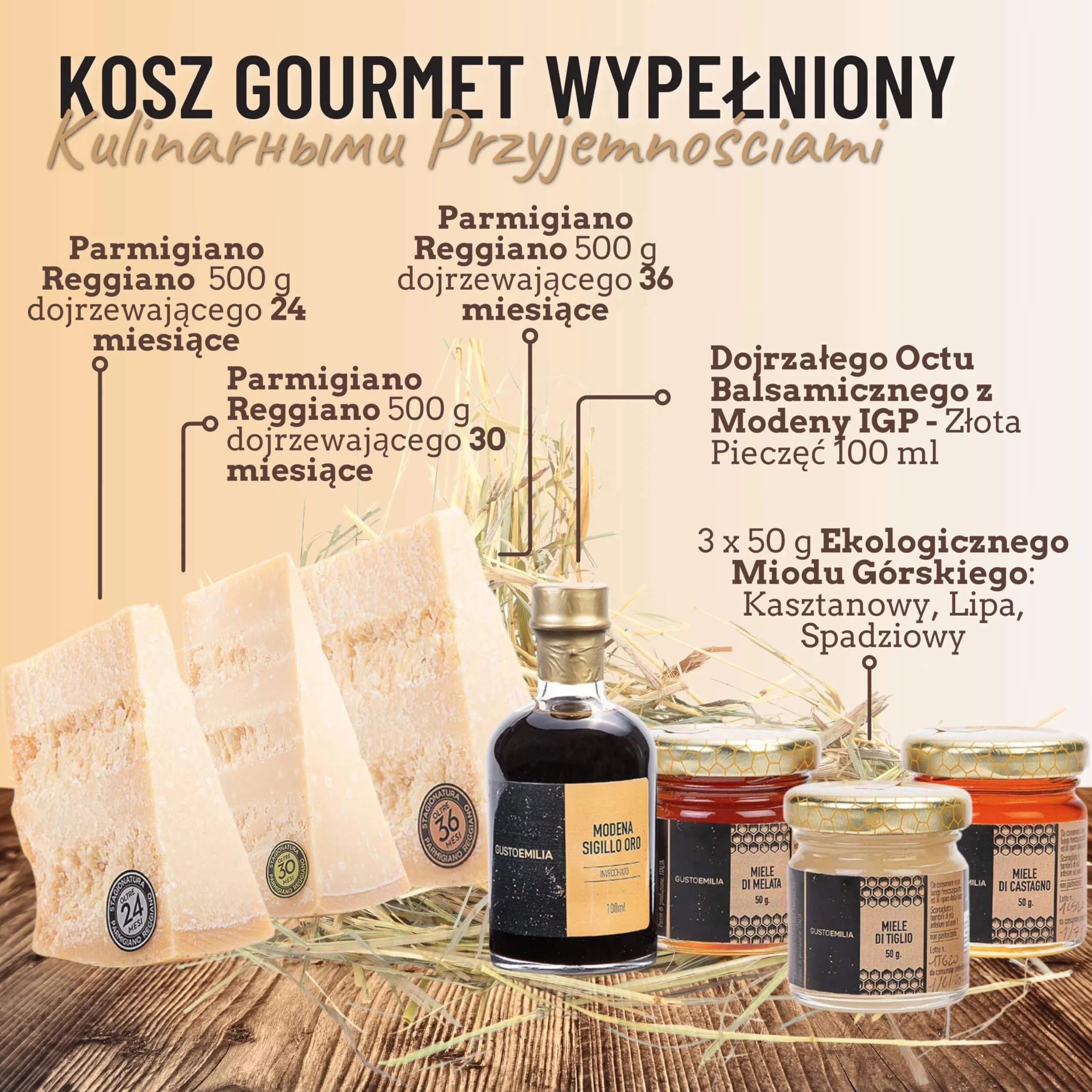 GUSTOEMILIA - Koszyczek Wielkanocny z typowymi produktami emilijskimi - Idealny Pakiet z Parmigiano Reggiano, Miodem, Octem Balsamicznym i Dodatkami - Pudełko Barzigola