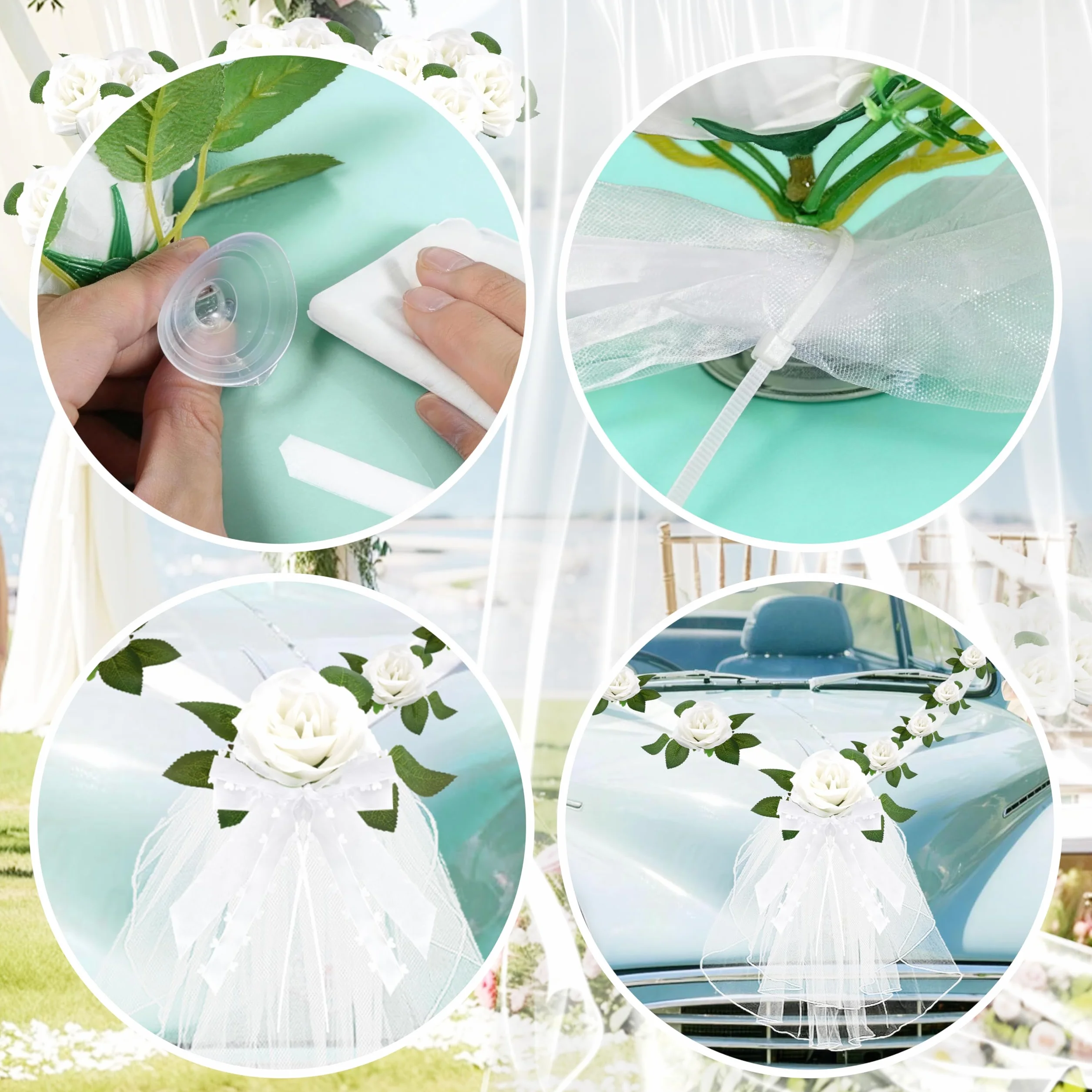 Ślubna ozdoba samochodowa (4 kokardy samochodowe na uchwyty + 2 weselne kokardki samochodowe + 2 x 180 cm girlanda z jedwabnymi kwiatami z 9 różami + naklejka Just Married i łańcuch