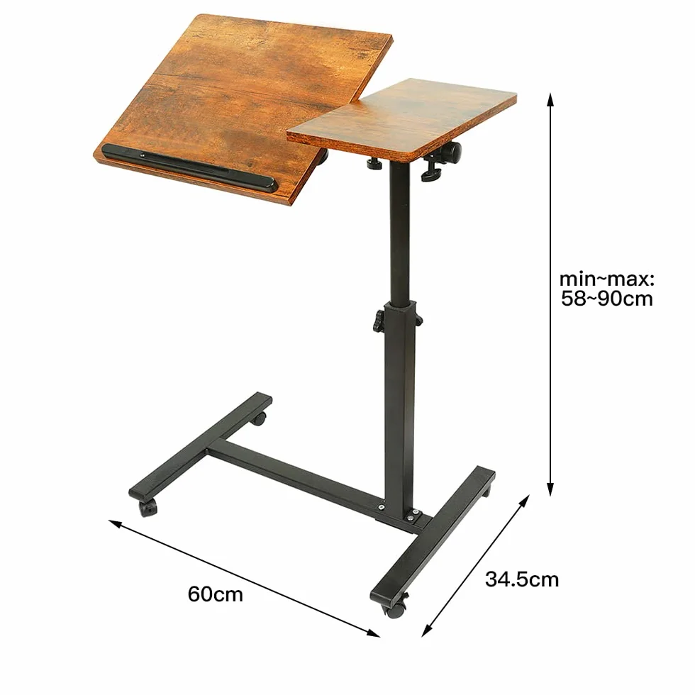 HUOLE Stolik na laptopa z regulacją wysokości z 4 kółkami obrotowymi, biurko na laptopa z automatyczną dźwignią do sypialni, biura, 60 x 34,5 x 58-90 cm (brązowy)