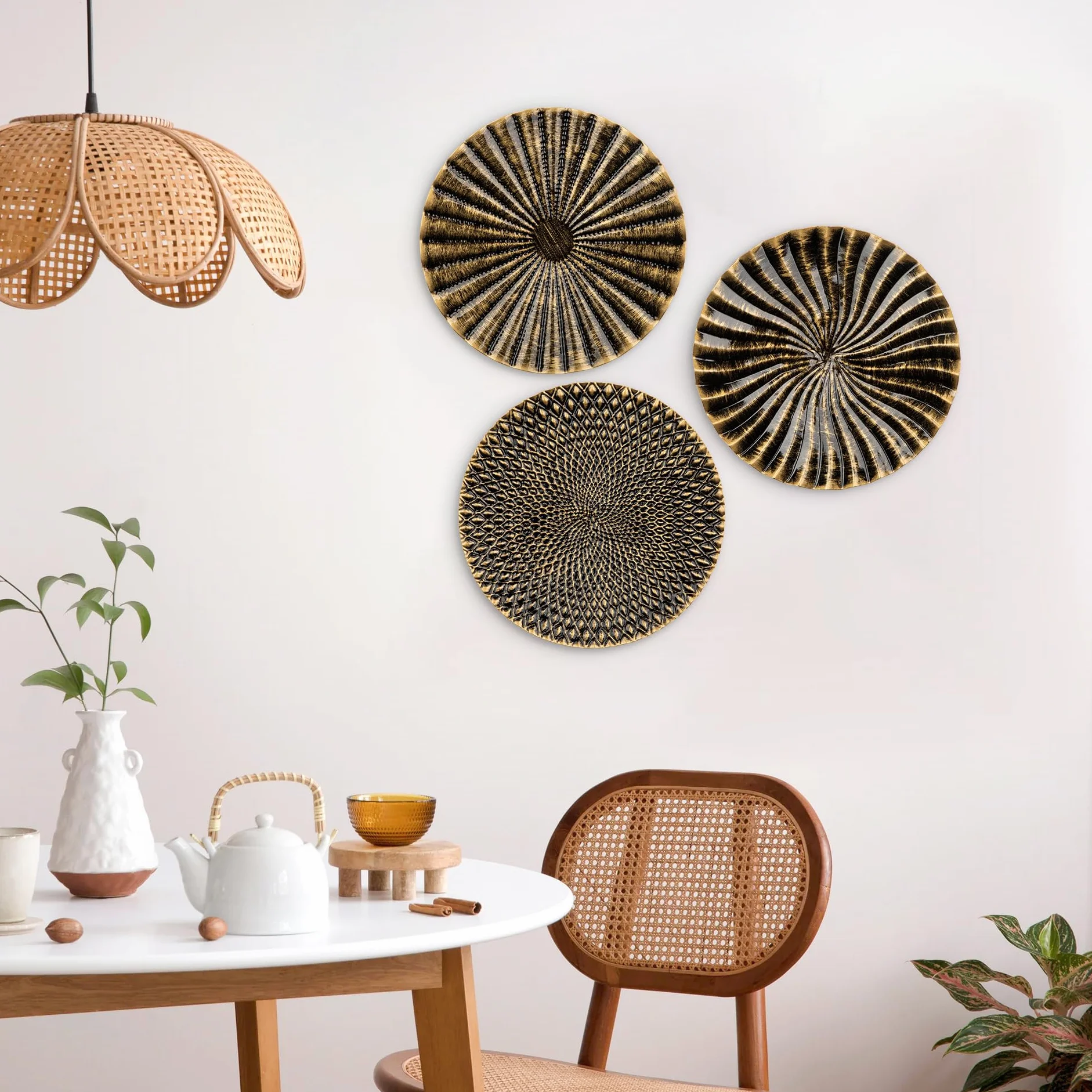 Złote rzeźby ścienne boho 3-częściowy zestaw metalowa dekoracja 3D nowoczesne dzieło sztuki