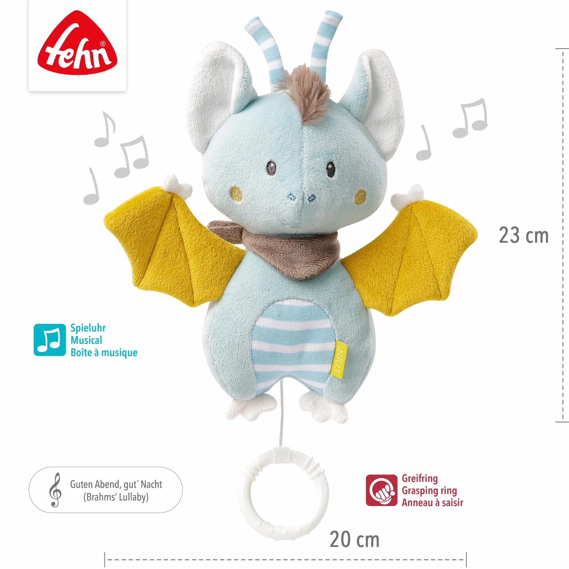 Fehn Spieluhr Fledermaus - Kuscheltier & Einschlafhilfe: Aufzieh-Spieluhr mit sanfter Melodie "Brahms Wiegenlied" beruhigt in jeder Situation – für Babys und Kleinkinder ab 0+ Monaten