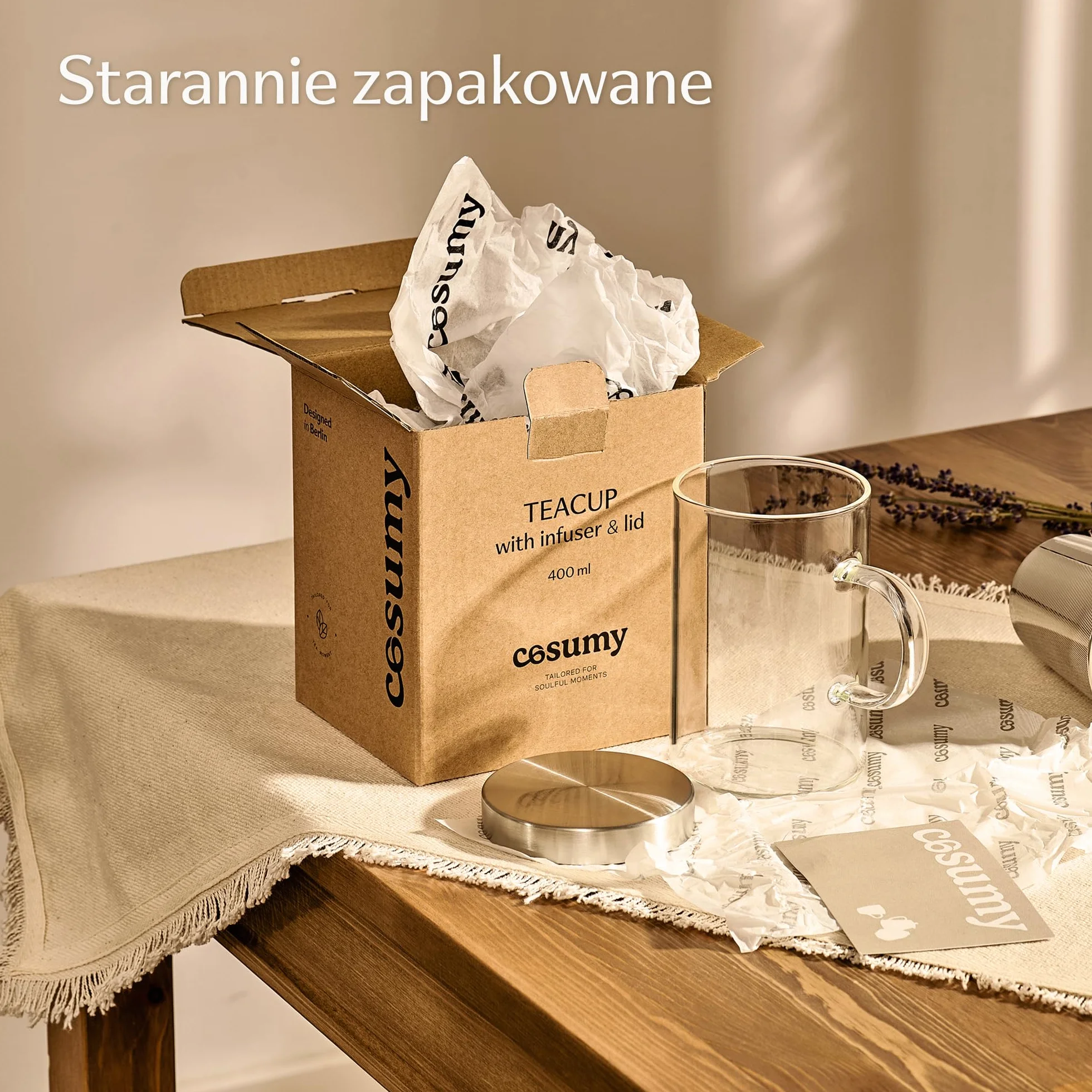 Cosumy Filiżanka do Herbaty z Pokrywką i sitkiem - Szklanka do herbaty z sitkiem i podstawką 400 ml - Duża filiżanka do herbaty ze szkła borokrzemowego - Filtr o drobnych oczkach