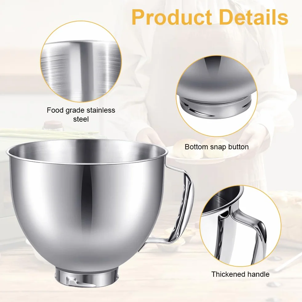 Miska ze stali nierdzewnej do miksera stojącego Kitchenaid, Tutamaz Miska do Kitchen Aid 4,5-5 Quart, mikser stojący, kolor srebrny, części zamienne do mieszadła stojącego, miska ze stali nierdzewnej