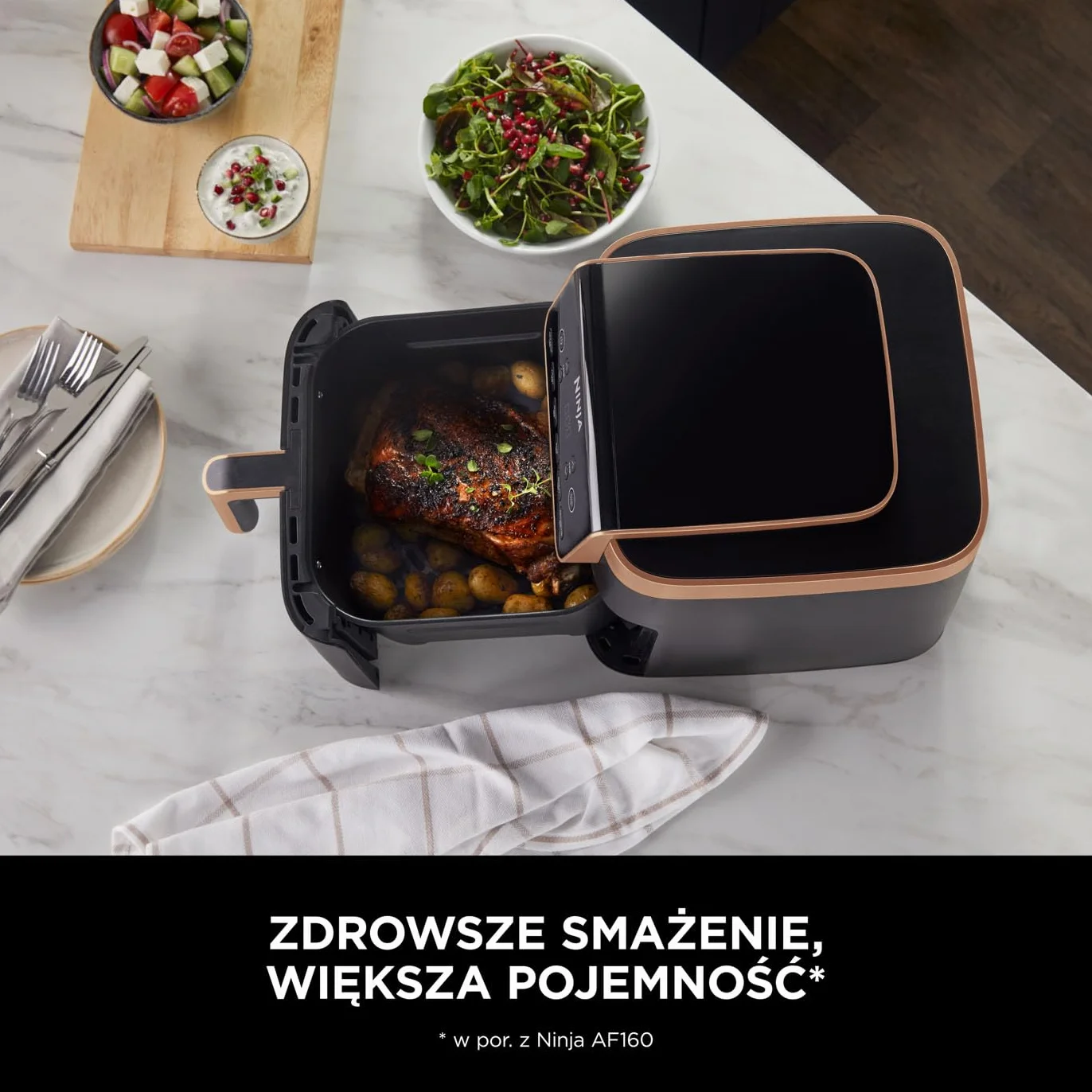 Ninja Air Fryer MAX PRO Frytkownica beztłuszczowa 6,2 l, nie używa oleju, jedna duża kwadratowa szuflada, rozmiar rodzinny, powłoka nieprzywierająca, kosz i talerz na chrupiące dania, AF180EUCP