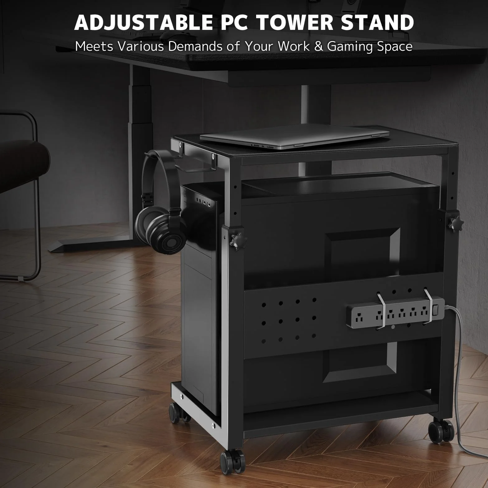 PUTORSEN Stojak na Obudowę PC Regulowany Wysokość 2 Półki, z Kółkami i Podkładką, dla Obudów ATX do 40kg/Półka, Uchwyt pod Biurko na Komputer i Drukarkę, Czarny