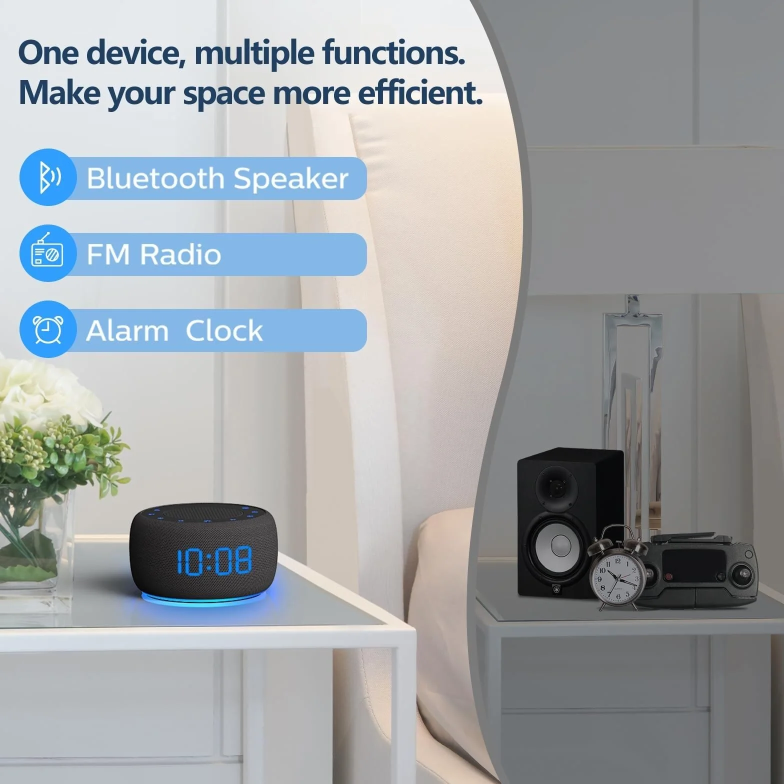 XJBTBA Bluetooth Gload Alarm z radiem, przezroczystą jakość dźwięku, przyciemnione wyświetlacz, odpowiedni sypialni budziki odpowiednie do kuchni, salonu lub biura (biały)