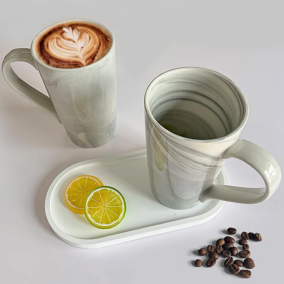 Duże kubki do kawy, marmurowe, ceramiczne, zestaw 2 sztuk, porcelanowe wysokie filiżanki do herbaty z bardzo dużym uchwytem, nowoczesne, stylowe i nastrojowe do kuchni, domu, biura, szare