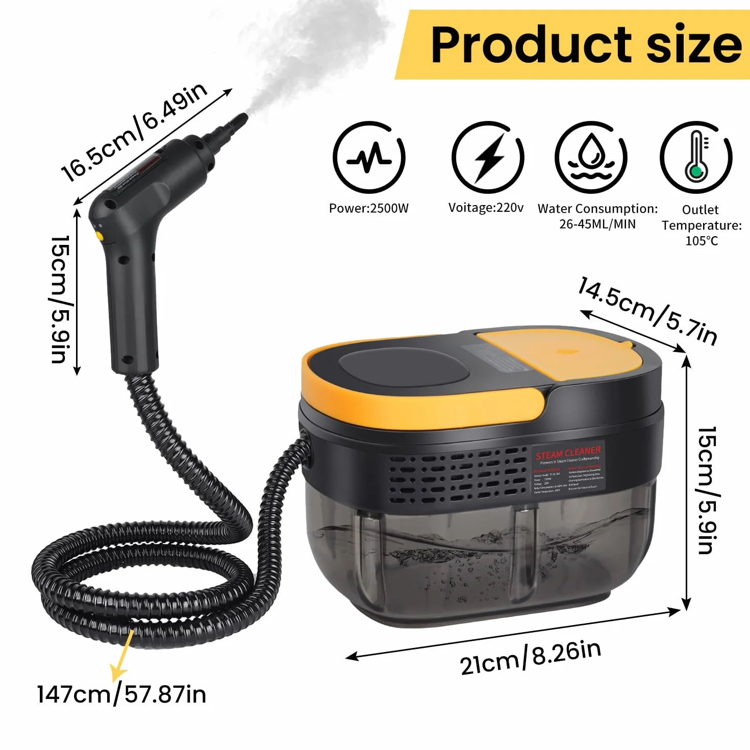 Ręczna myjka parowa 2500 W, zbiornik na wodę 1600 ml, 3-stopniowa regulacja uchwytu, wysoka temperatura 105℃ i ciśnienie 3 bar, szybkie nagrzewanie w 15 sek., 10 akcesoriów, do samochodu/okna/kuchni