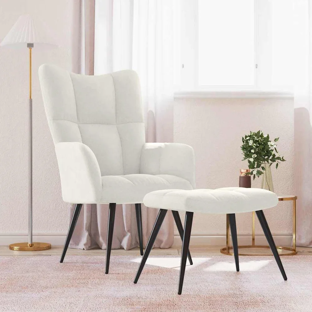 Fotel relaksacyjny z taboretem, kremowo-biały aksamit, ergonomiczny fotel wypoczynkowy z tapicerką, podłokietnikami i oparciem, meble do salonu, kącika do czytania, biura, łącznie z taboretem