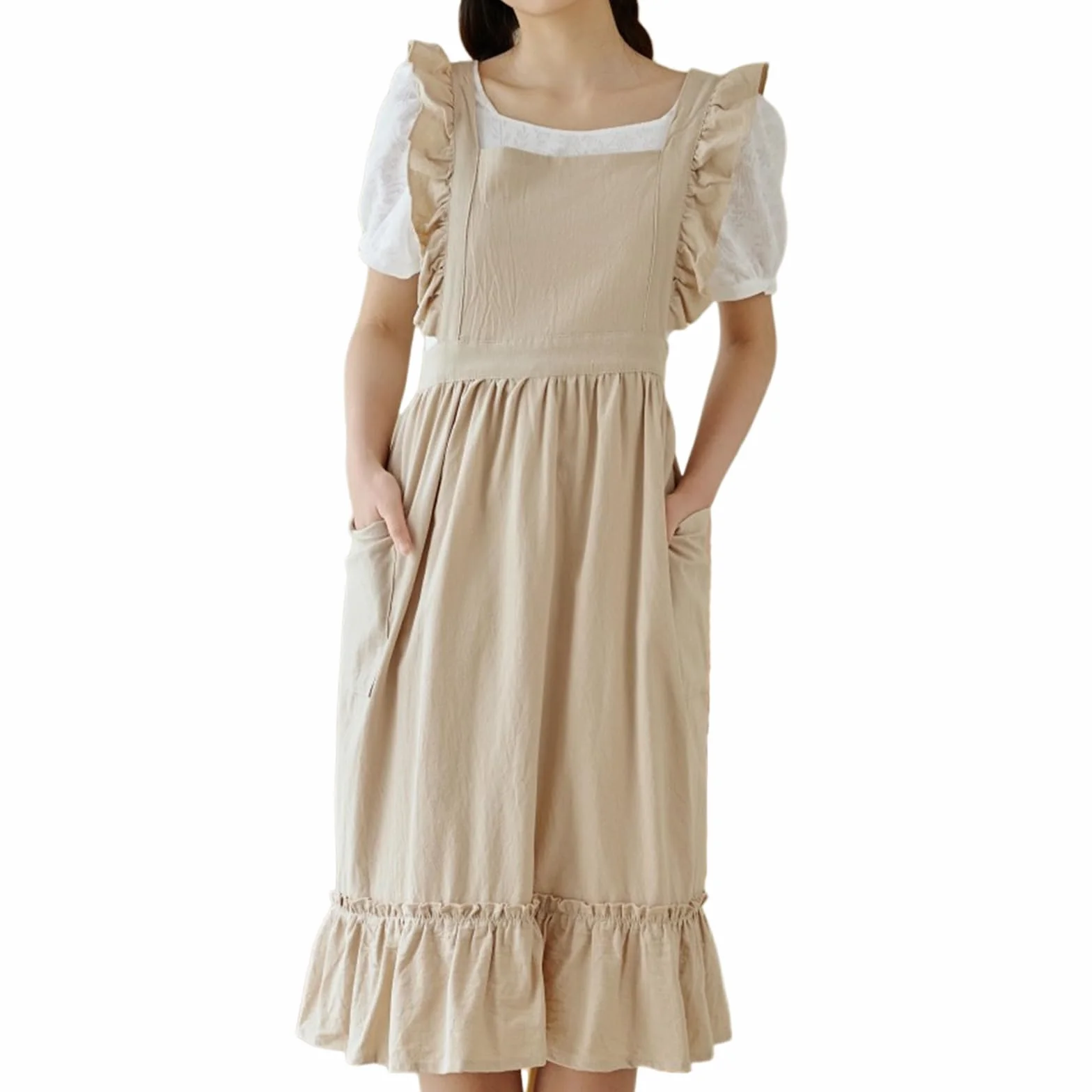 Retro Damskie Fartuchy Z 2 Kieszeniami - Bawełniany Fartuchów Seksowny Do Kuchnia Gotowanie OgroduBeige,One Size