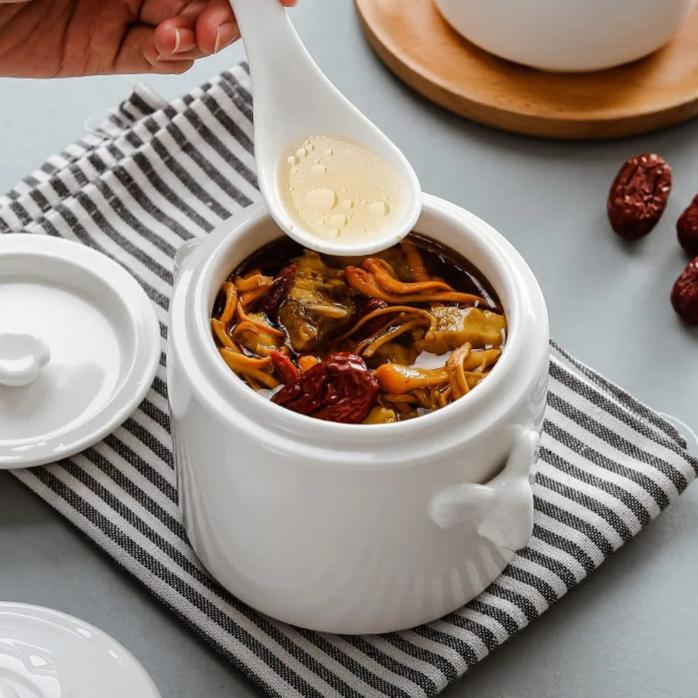 Porcelanowa miska na zupę z pokrywką, podwójna kuchenka ceramiczna (1100 ml)