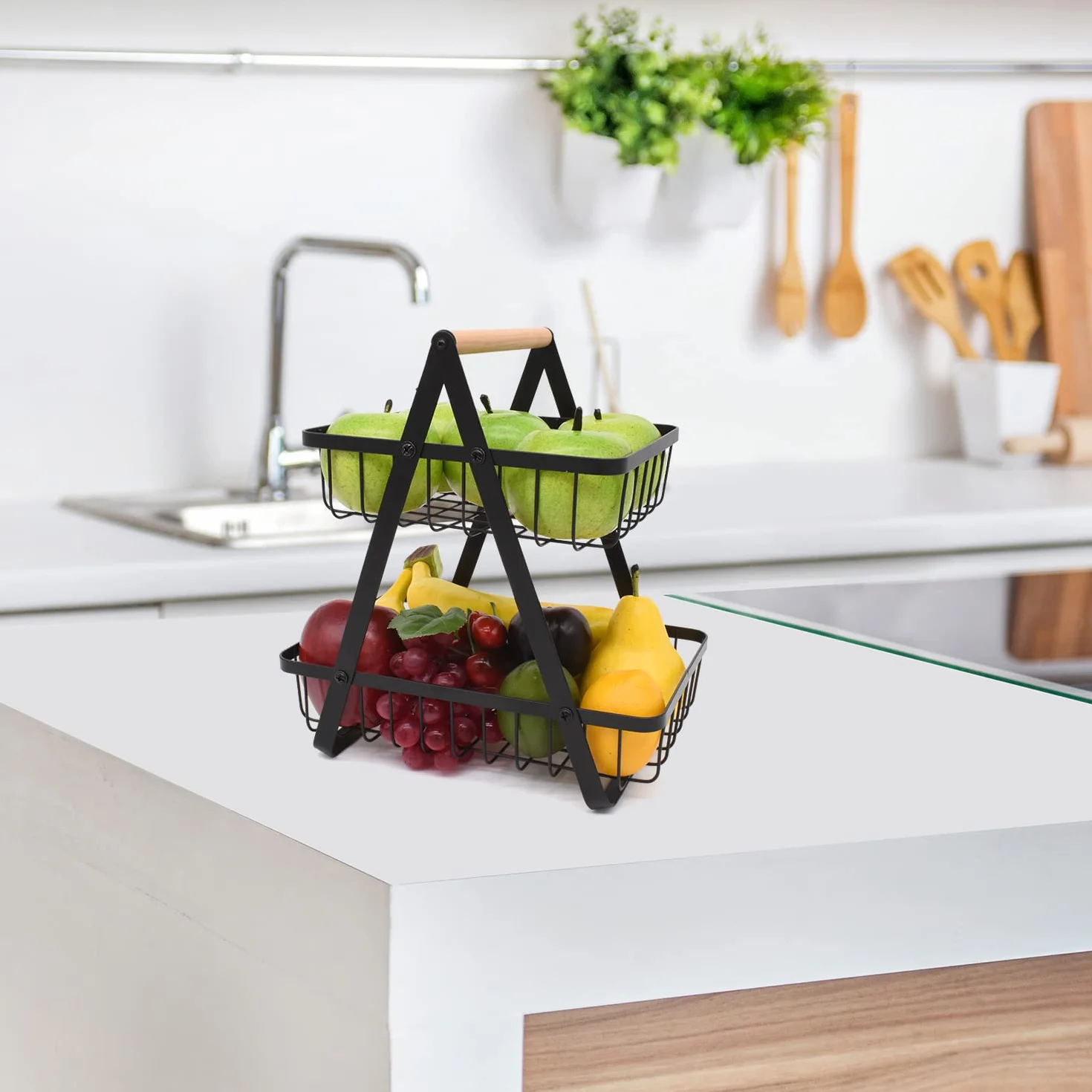 Joeji's Kitchen Czarny 2-poziomowy stojak do przechowywania owoców i warzyw, kosze na owoce ze stali nierdzewnej do kuchni, oszczędzający miejsce kosz na warzywa i kosz na owoce