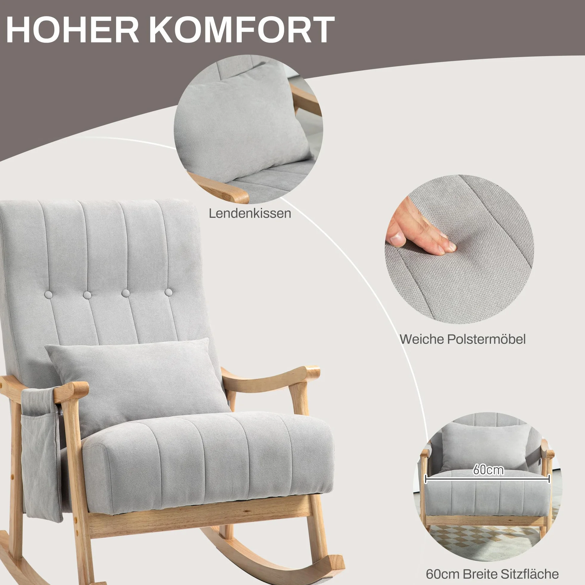 HOMCOM Fotel bujany z oparciem, poduszka lędźwiowa, drewniane płozy, fotel, fotel relaksacyjny o wyglądzie lnu, miękki fotel bujany, fotel do karmienia do salonu, sypialni, szary