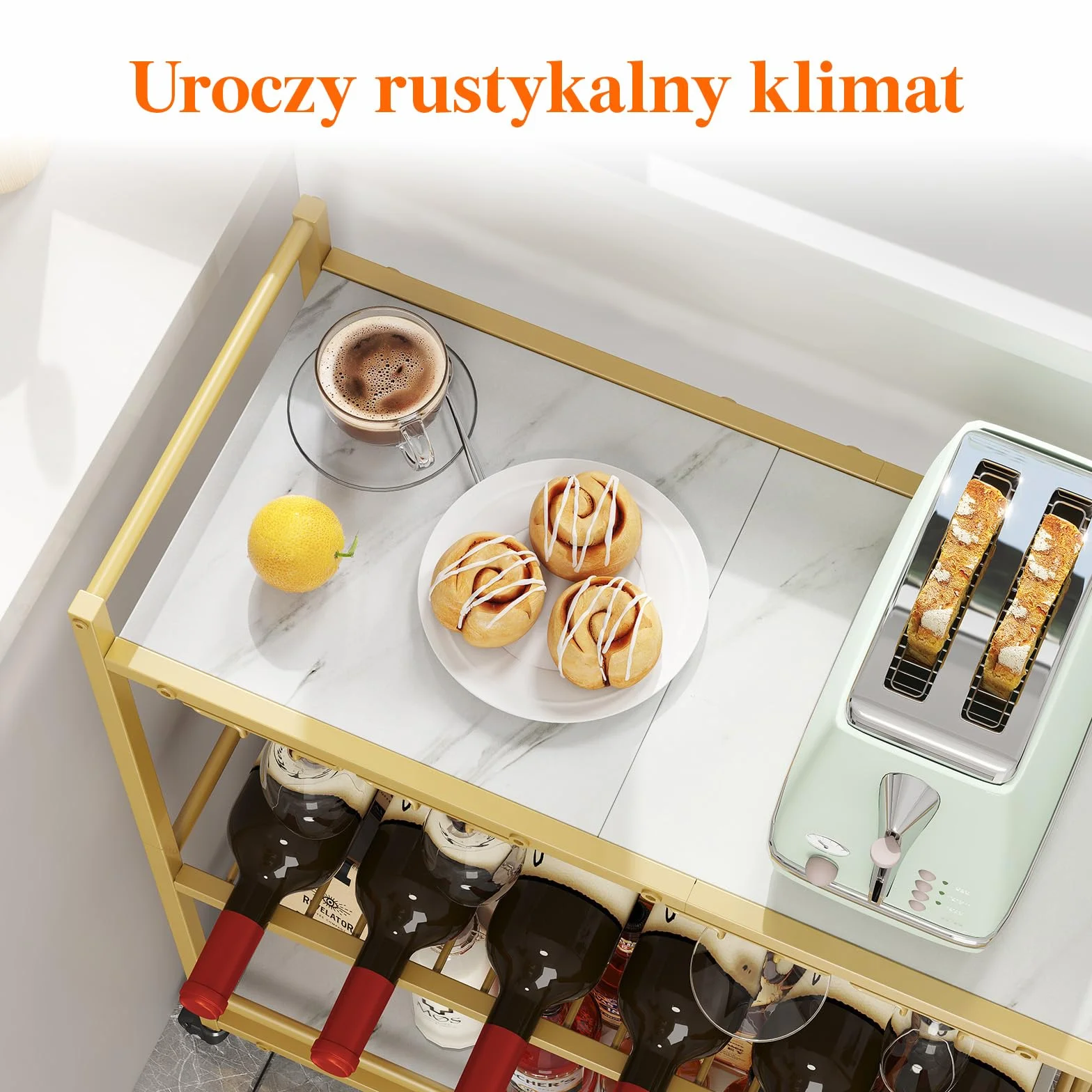 Wózek na napoje Lifewit, 3-poziomowy wózek barowy z blokowanymi kółkami, stojakiem na wino i uchwytami na kieliszki, domowe wózki barowe i serwujące do kuchni, jadalni, 63,2x30x81,5 cm, złoto
