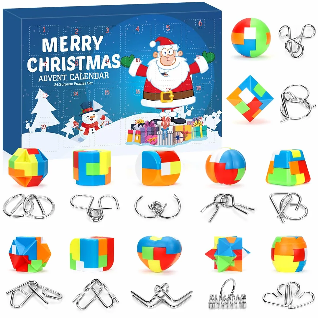 Kalendarz adwentowy 2025, gry w puzzle, kalendarz adwentowy dla dzieci, kalendarz bożonarodzeniowy z 24 sztukami plastikowych, metalowych puzzli, metalowe nici, puzzle plastikowe, gry zręcznościowe