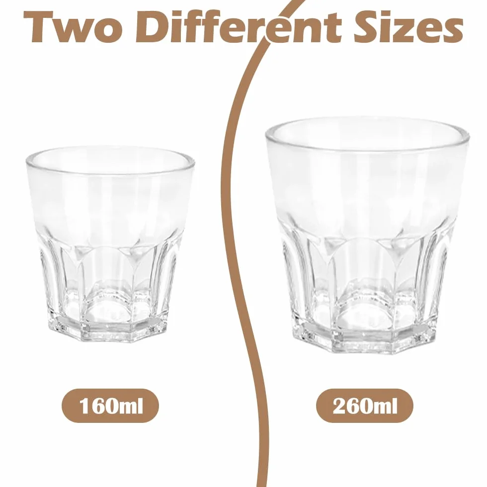 6 akrylowych szklanek do wody, 260 ml, przezroczyste kubki wielokrotnego użytku, na imprezę dla dorosłych, z możliwością układania w stos, do domu, na kemping, piknik, BBQ