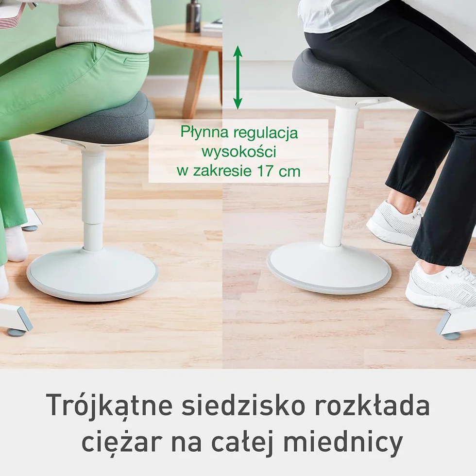 Stołek Leitz Ergo Active z Unikalną Komfortową Poduszką z Pianki o Podwójnej Gęstości, Regulowana Wysokość od 47 do 64cm, Siedzisko W 100% z Recyklingu, Udźwig 110kg, Seria Ergo, Jasnoszary, 65440085