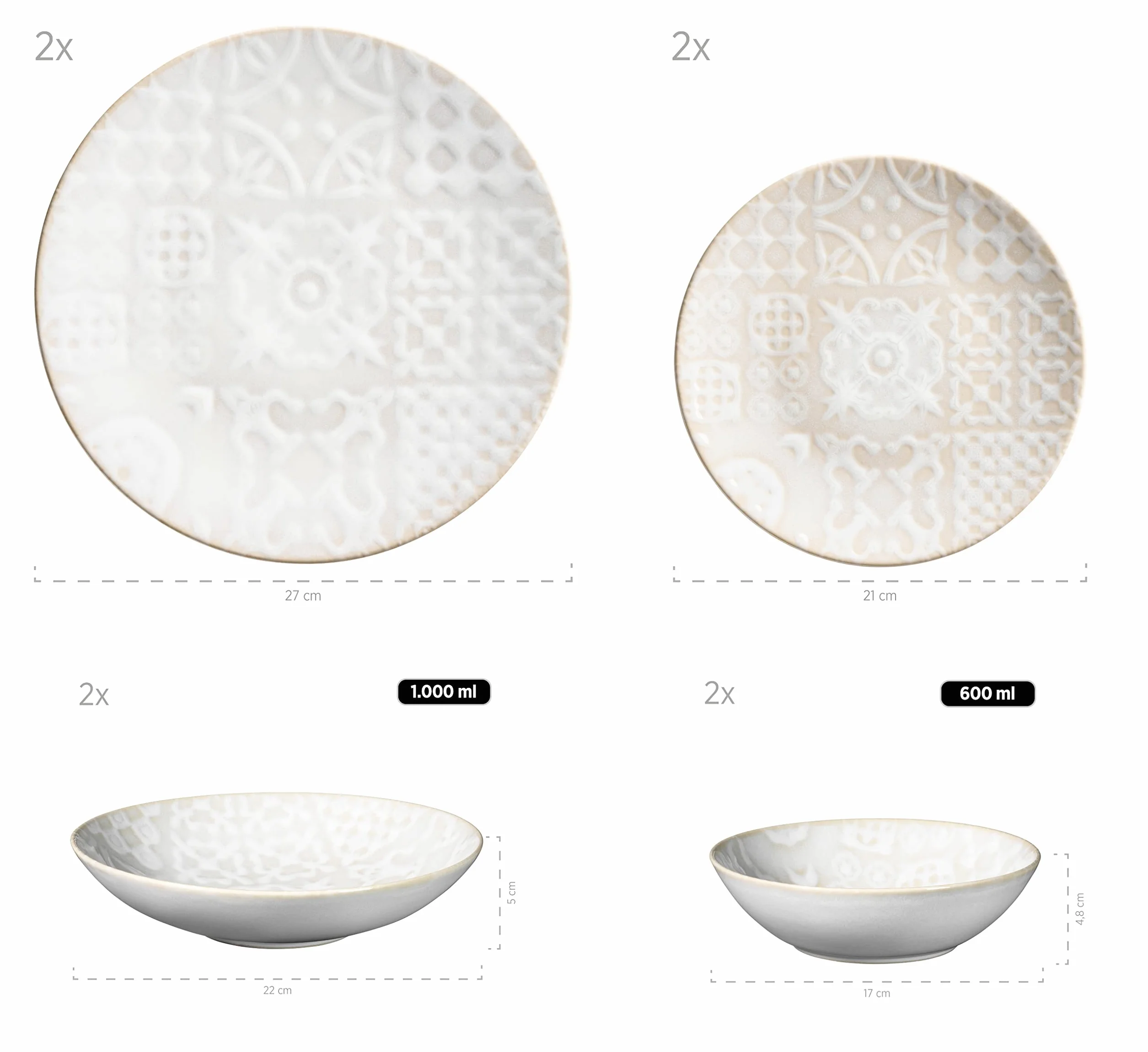 MÄSER 935079 seria Tiles nowoczesny zestaw naczyń w stylu vintage dla 2 osób w stylu mauretańskim, 8-częściowy serwis stołowy z talerzami i miskami z wysokiej jakości ceramiki, kamionki, biały