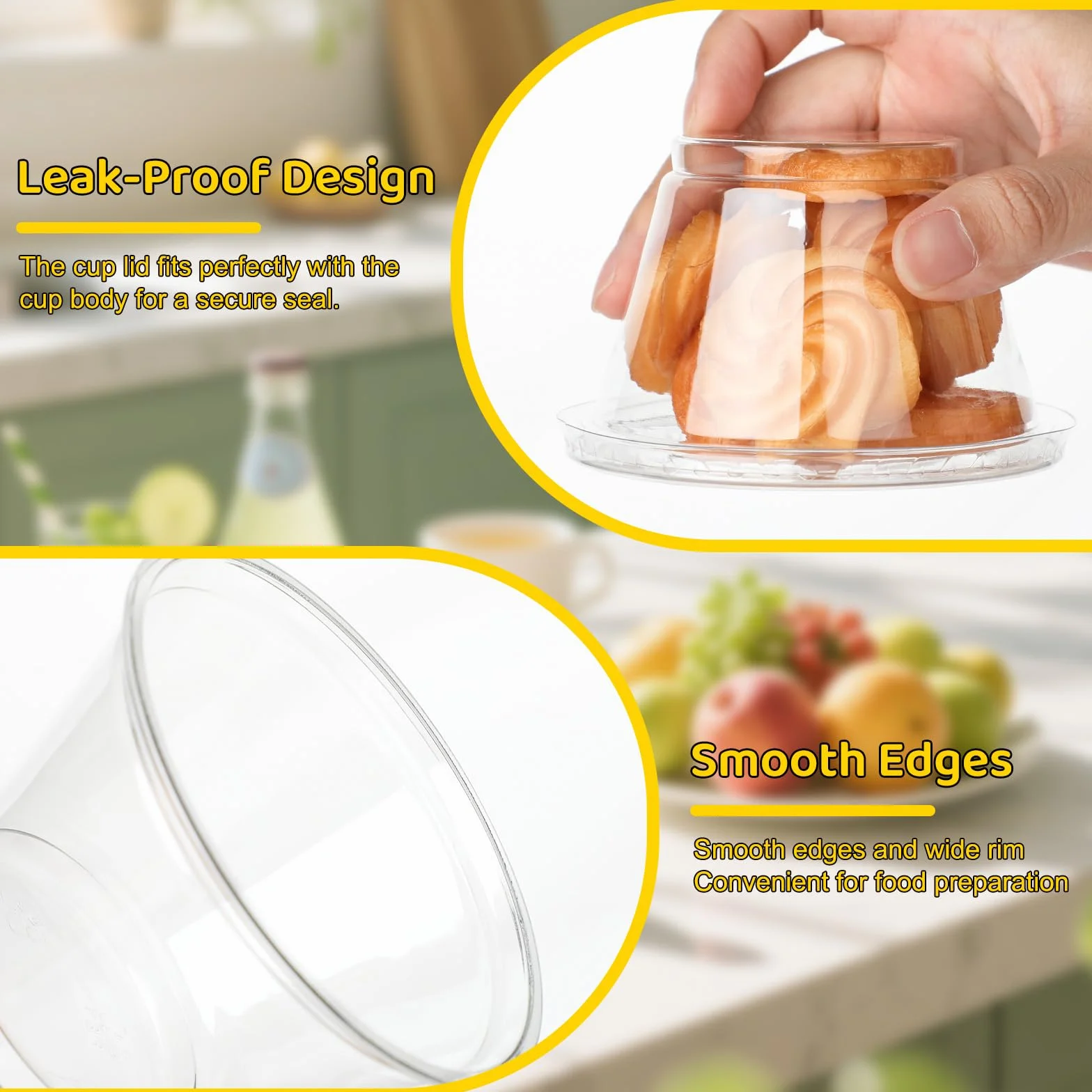Plastikowe kubki deserowe z płaskimi pokrywkami, 200 ml, okrągły kubek deserowy z pokrywkami, bez otworu, wielokrotnego użytku, mini, przezroczysta miska do serwowania, na ciasto, mus, lody, do
