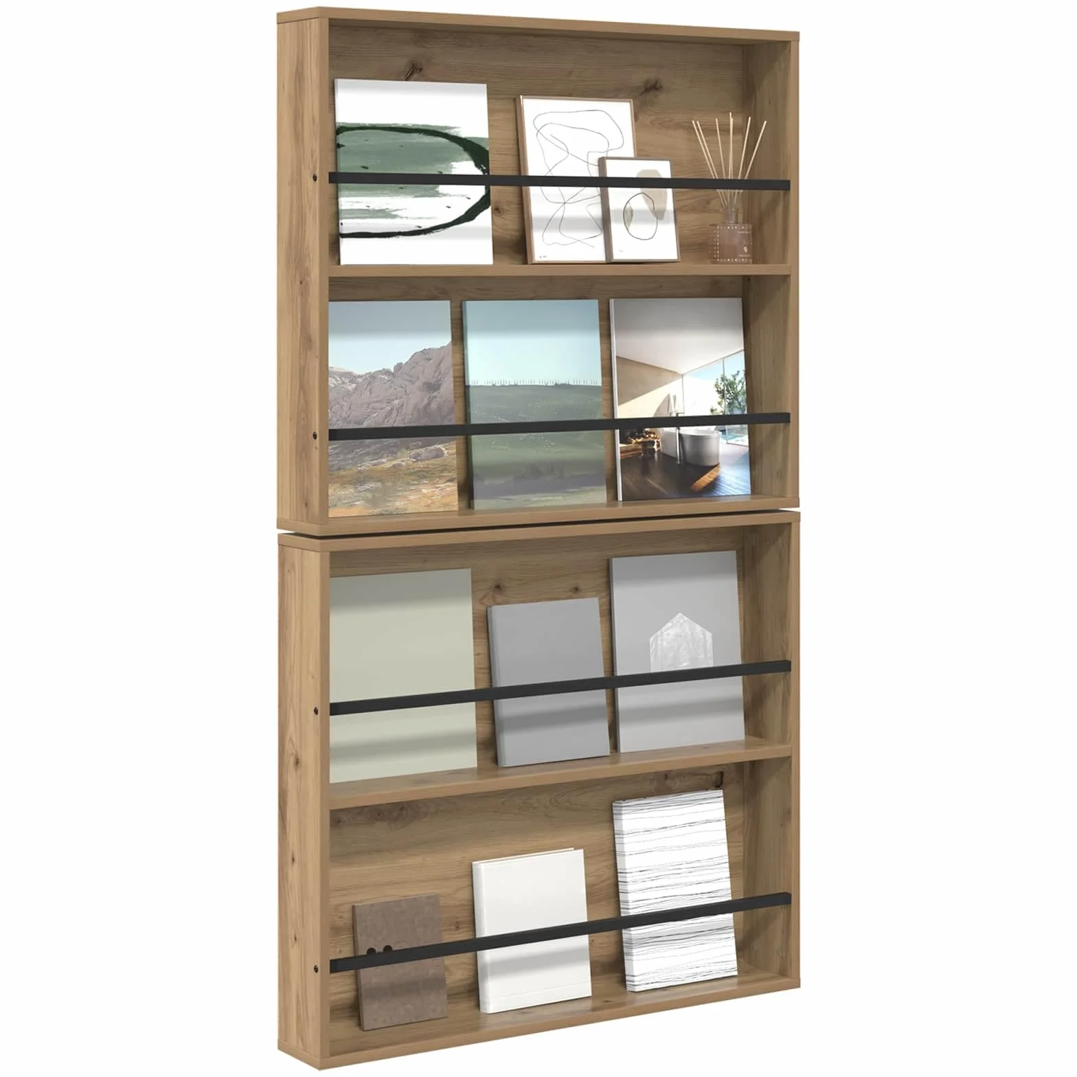 Générique Nowoczesny stojak na czasopisma ścienne z drewna inżynieryjnego 80x12x70 cm, designerski regał na czasopisma z regulowanym schowkiem do salonu lub biura