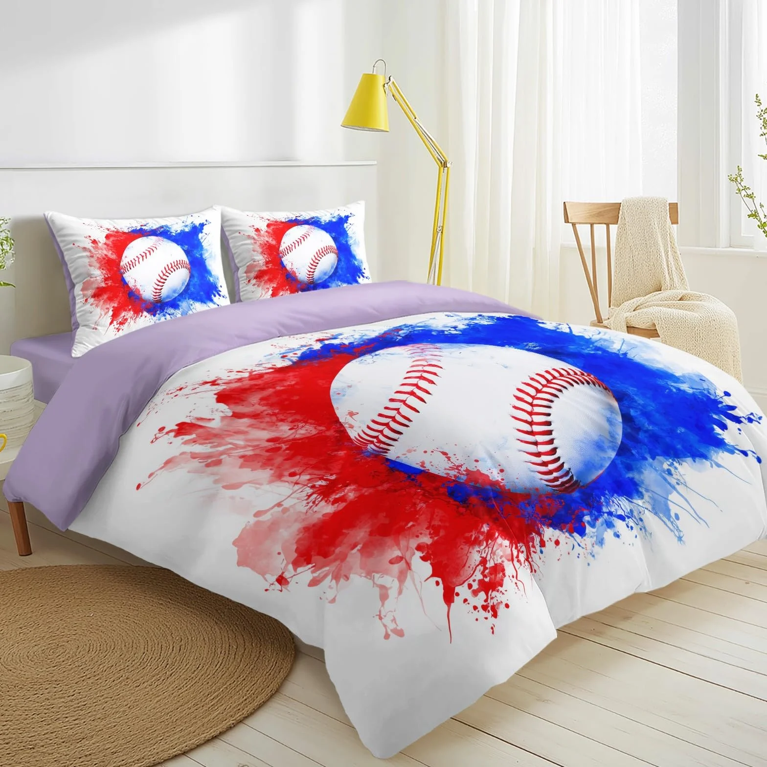 Sport Energie 4-częściowy kompletny zestaw pościeli, kolor fioletowy, 200 x 200 cm – baseballu, odwracalna pościel z mikrofibry, prześcieradło z gumką i poszewki na poduszki, miękka poszwa na kołdrę