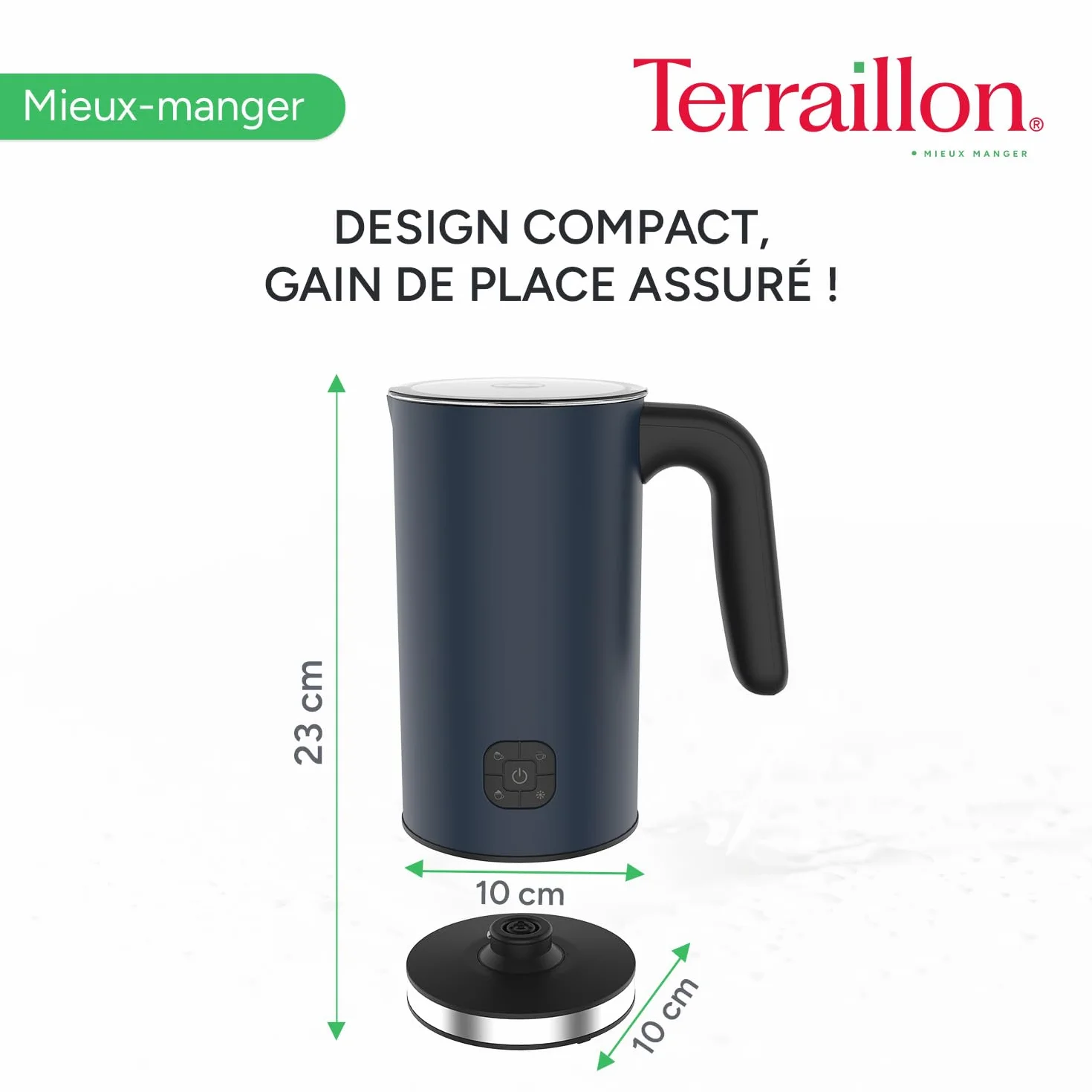 TERRAILLON - NEW MOON - Elektryczny spieniacz do mleka, pojemność 300 ml, 4 funkcje, podstawa obrotowa 360°, wskaźnik świetlny, automatyczne wyłączanie, malowany korpus ze stali nierdzewnej, niebieski