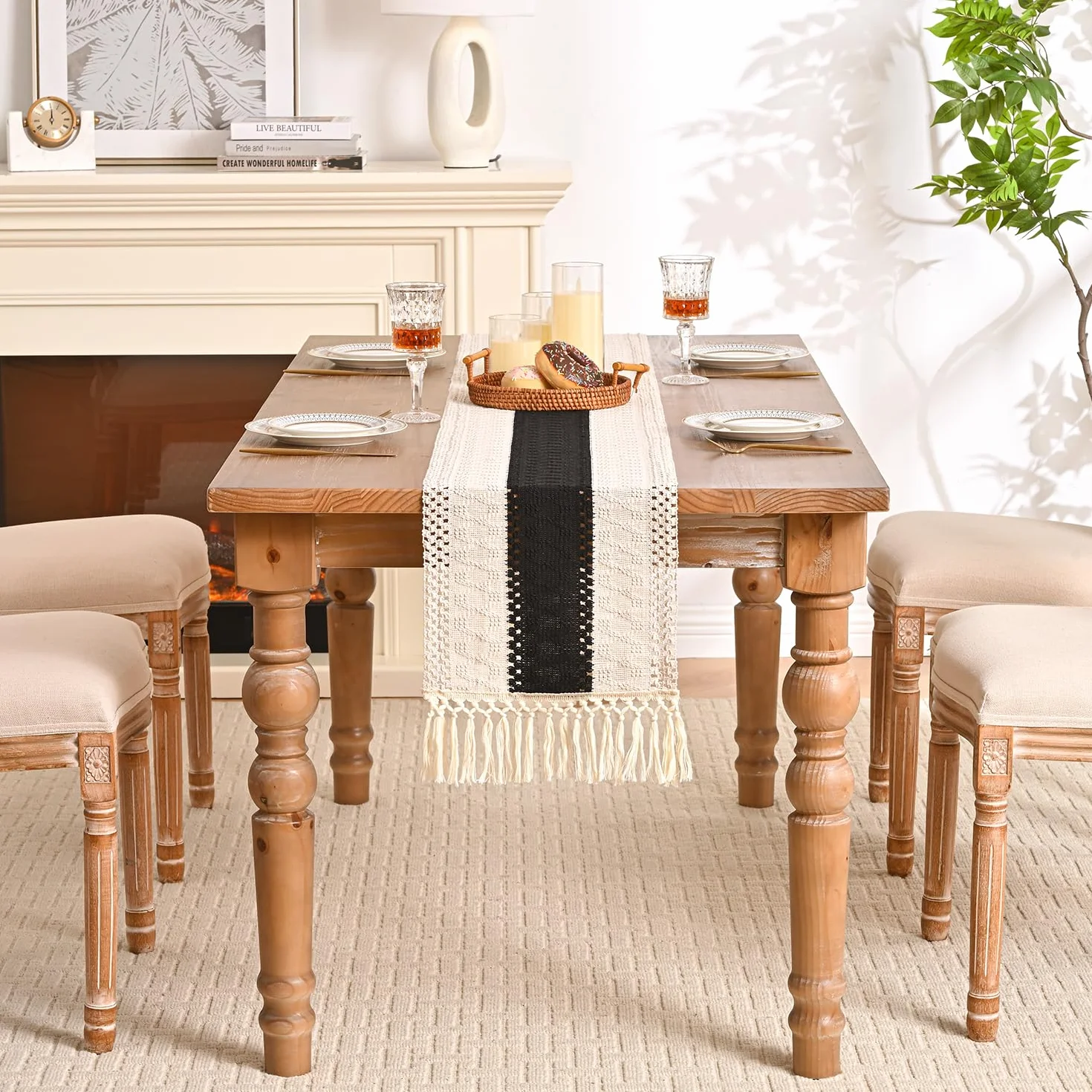 Bieżnik na stół w stylu boho bieżnik na stół pusty frędzle obrus na stół szydełkowy bieżnik 30 x 140 cm czarny/beżowy do dekoracji stołu vintage Boho Wedding Shower