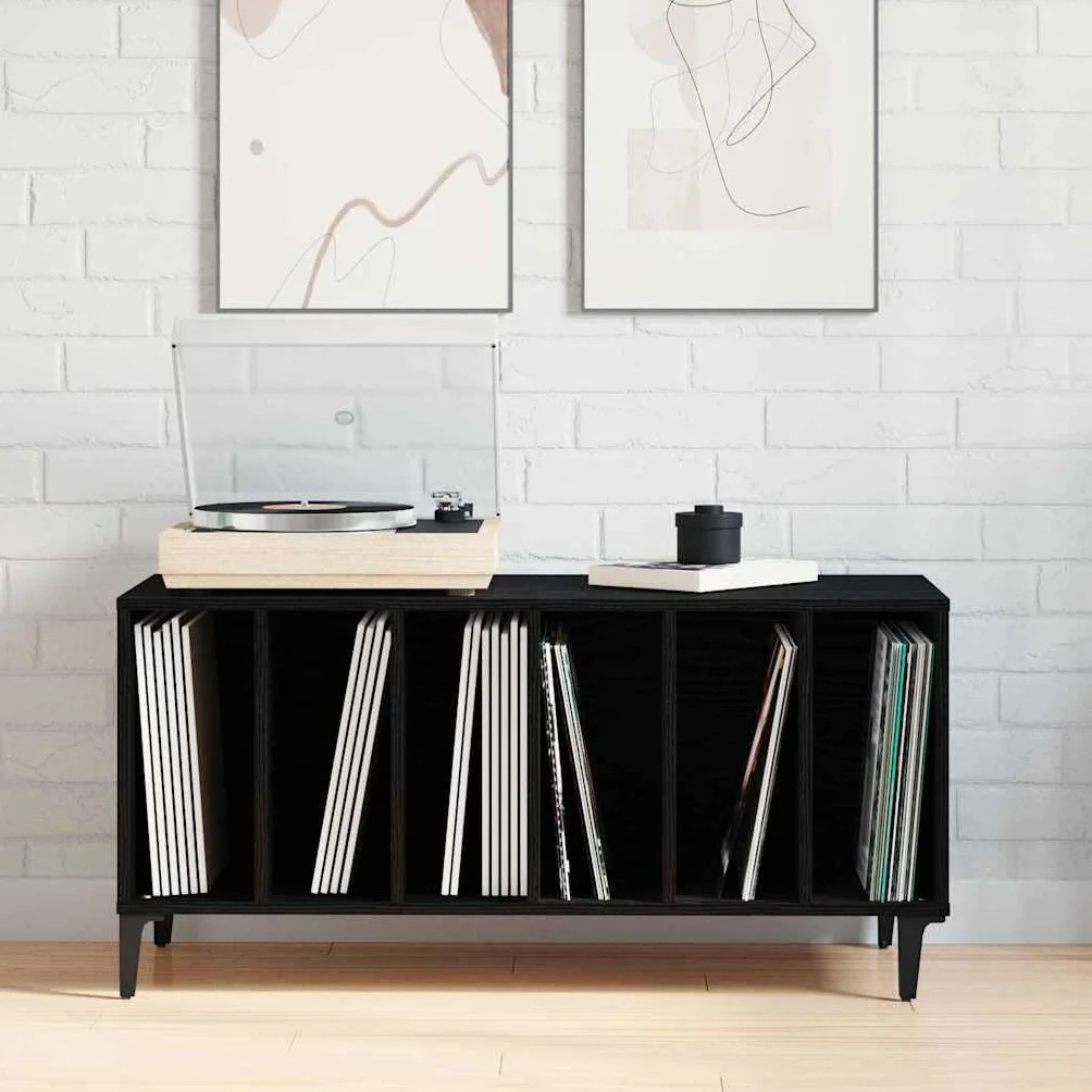Hothingwell Szafka na płyty winylowe dąb czarny, 100 x 38 x 48 cm, szafka z płyty winylowej z luźnym schowkiem, minimalistyczny współczesny styl, do nowoczesnego salonu, stalowe nogi